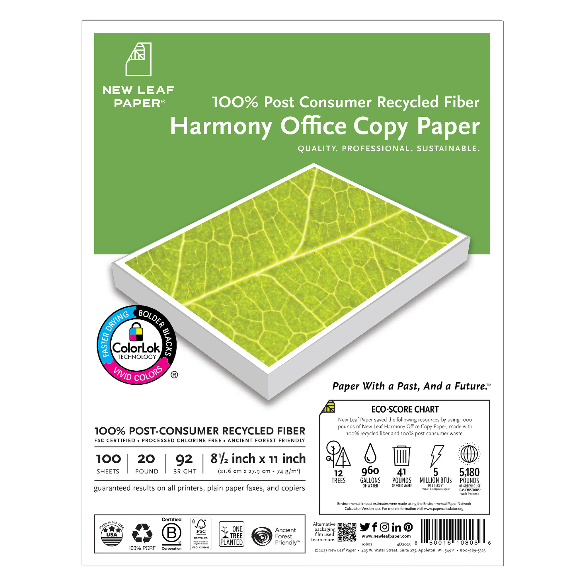 New Leaf Paper® 100% Recycled, Sustainably Designed, Harmony Office Copy Paper -  HP ColorLok® Certified, Heavyweight White Paper