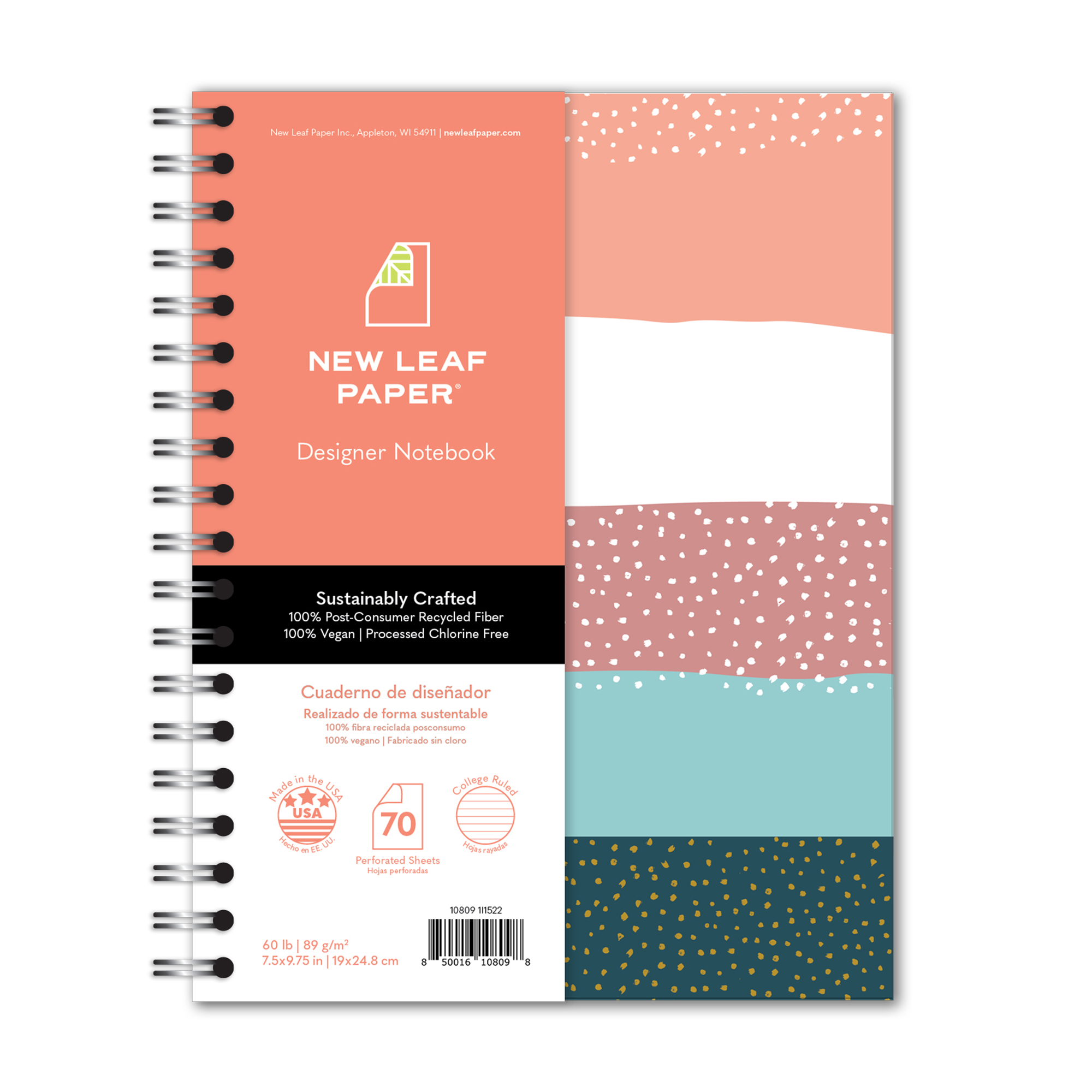New Leaf Paper® 100% Recycled, Sustainably Designed, Small Wirebound Notebook, Stripes Design