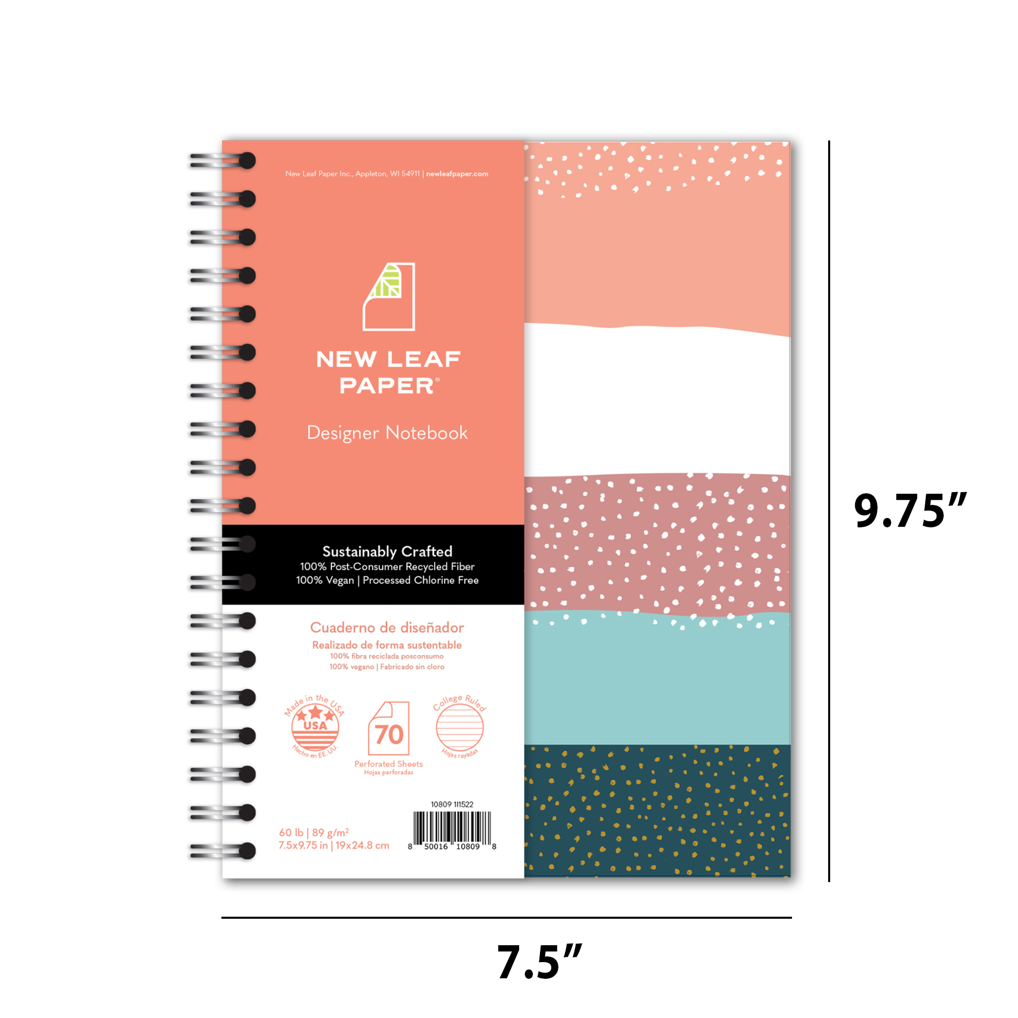 New Leaf Paper® 100% Recycled, Sustainably Designed, Small Wirebound Notebook, Stripes Design