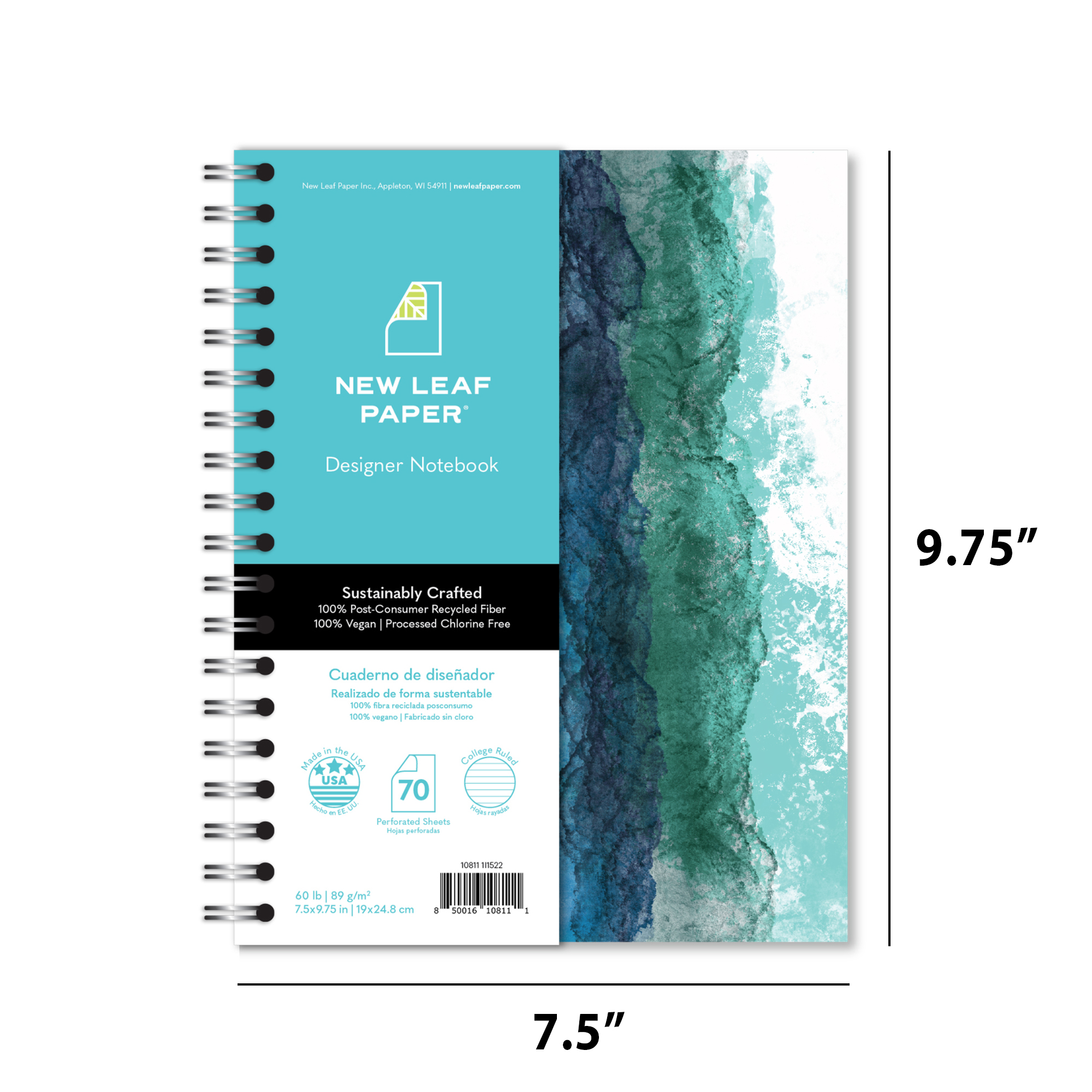 New Leaf Paper® 100% Recycled, Sustainably Designed, Small Wirebound Notebook, Watercolor Design