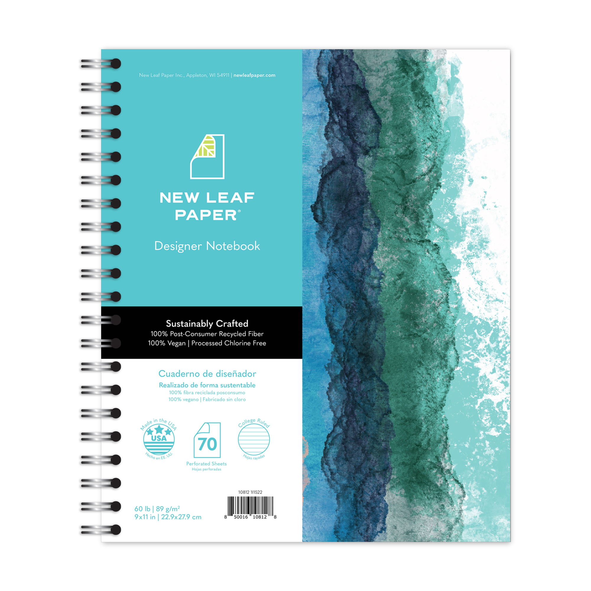 New Leaf Paper® 100% Recycled, Sustainably Designed, Large Wirebound Notebook, Watercolor Design