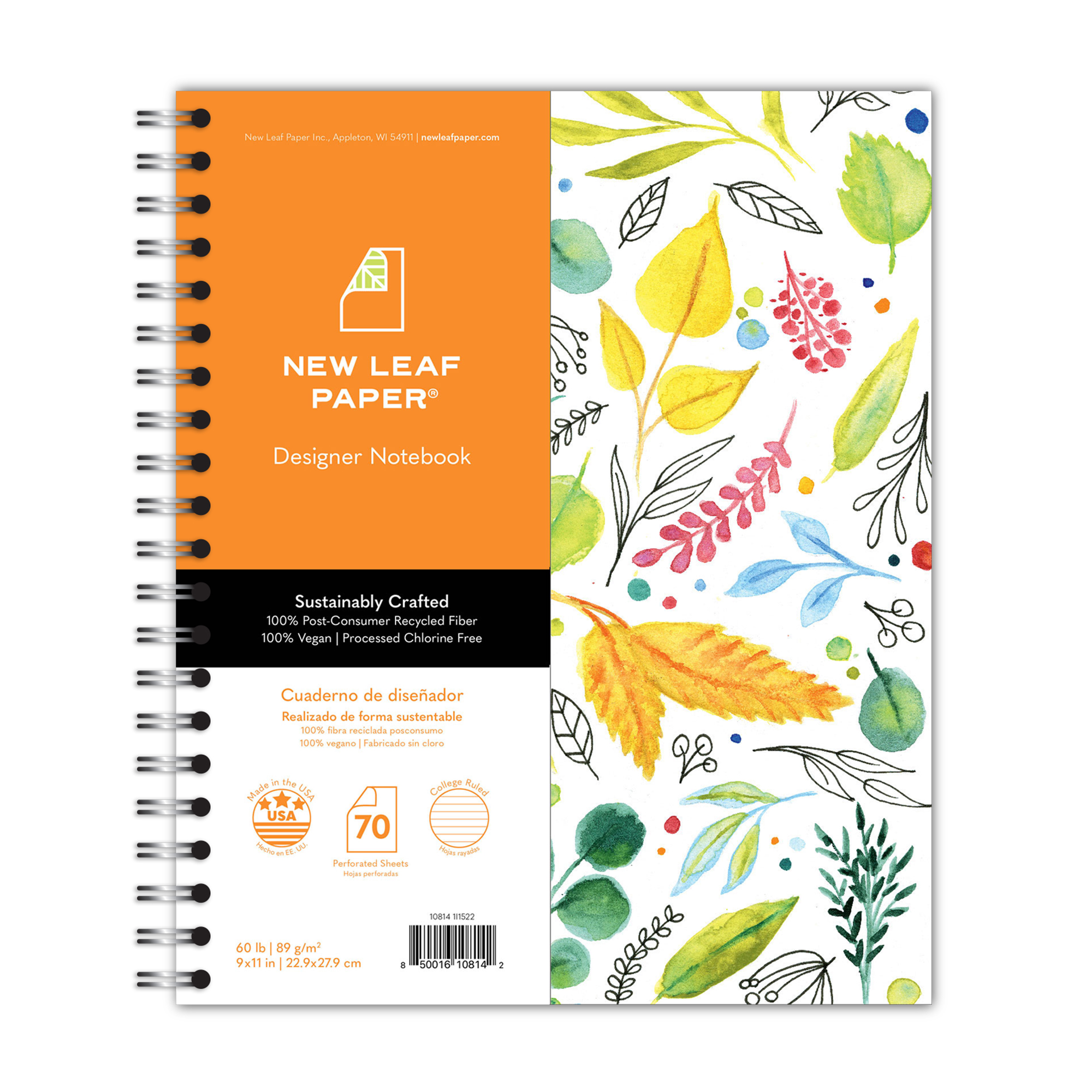 New Leaf Paper® 100% Recycled, Sustainably Designed, Large Wirebound Notebook, Leaves Design