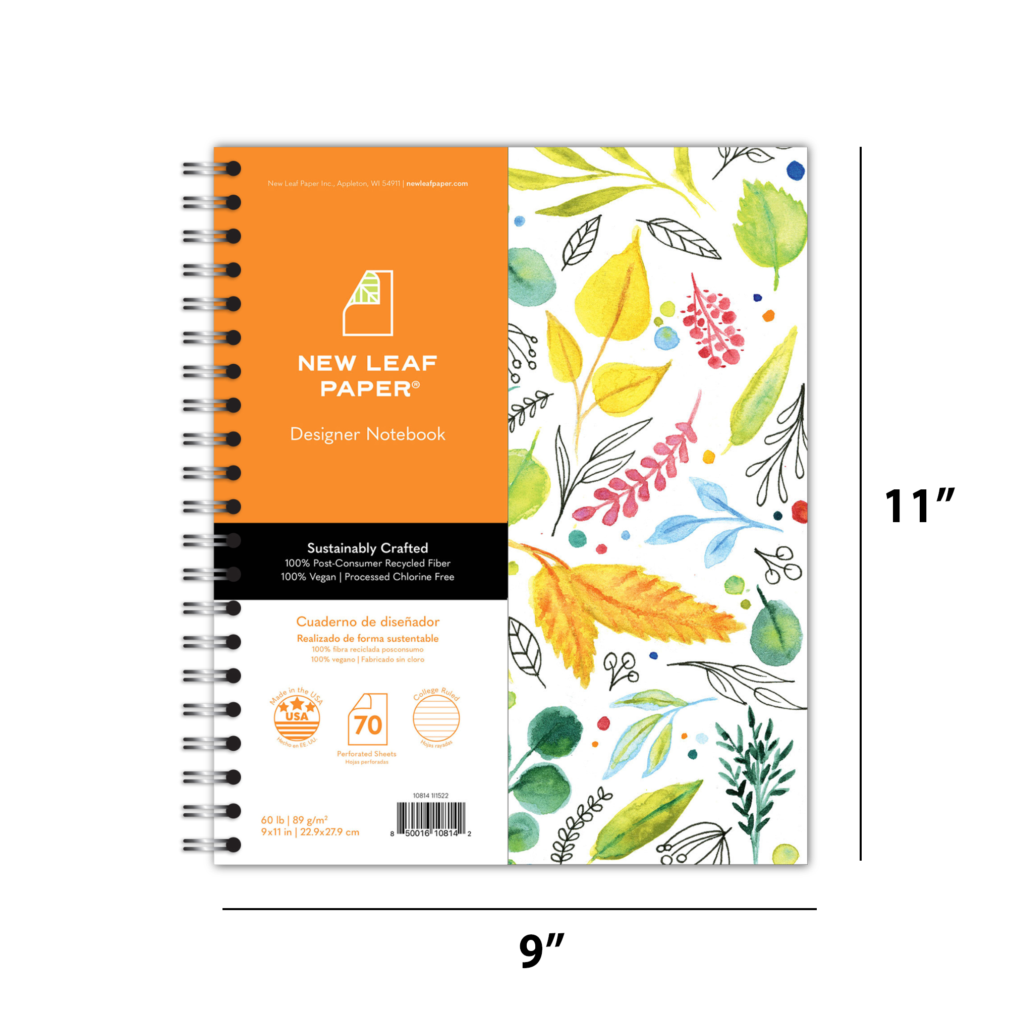 New Leaf Paper® 100% Recycled, Sustainably Designed, Large Wirebound Notebook, Leaves Design
