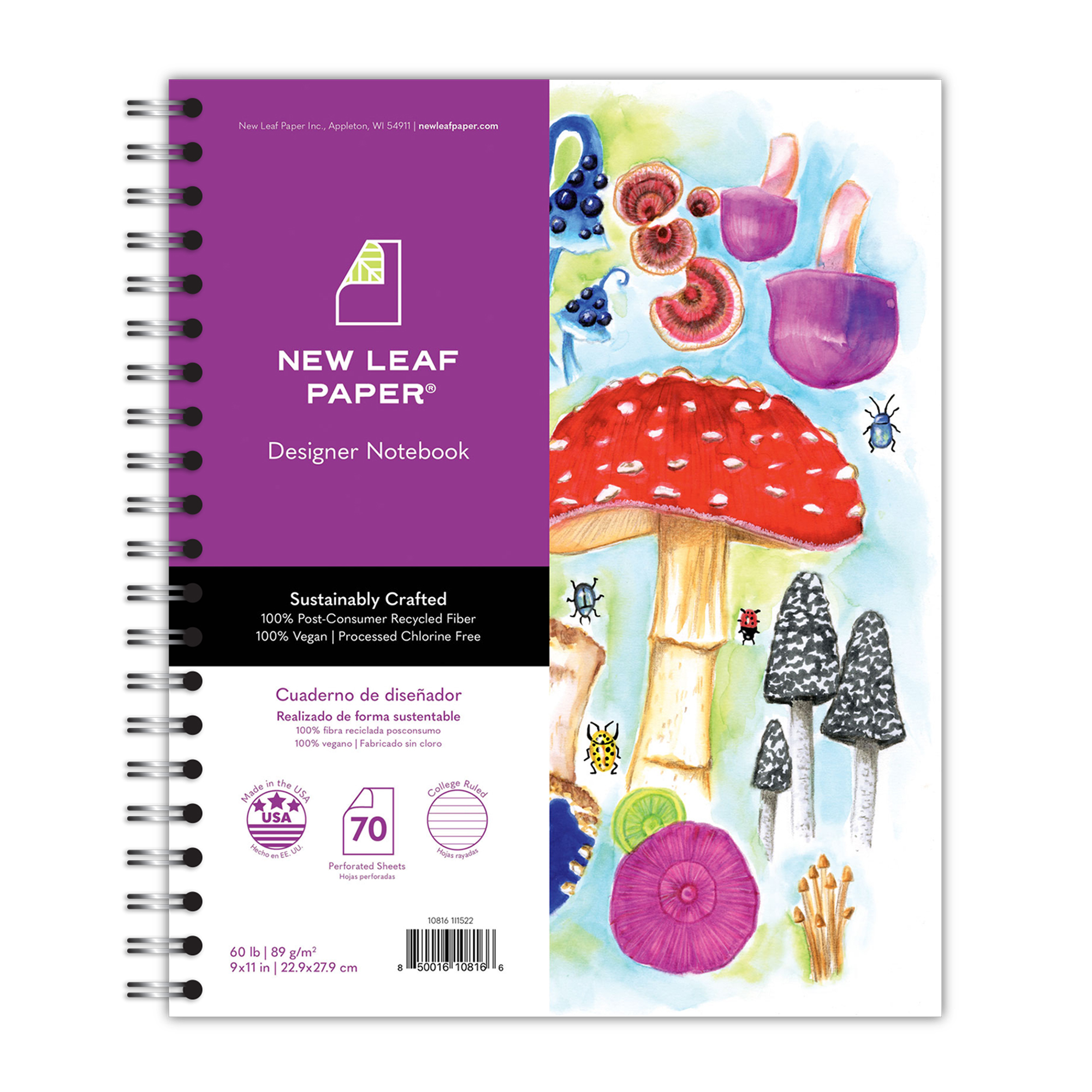 New Leaf Paper® 100% Recycled, Sustainably Designed, Large Wirebound Notebook, Mushrooms Design