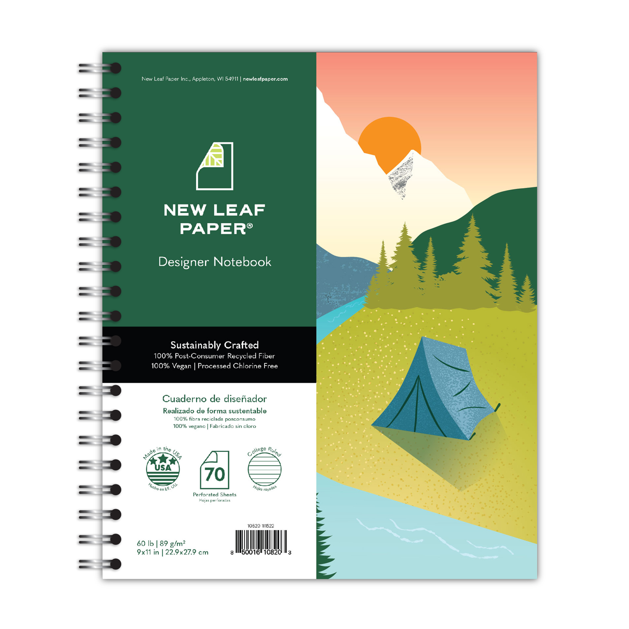 New Leaf Paper® 100% Recycled, Sustainably Designed, Large Wirebound Notebook, Camping Design