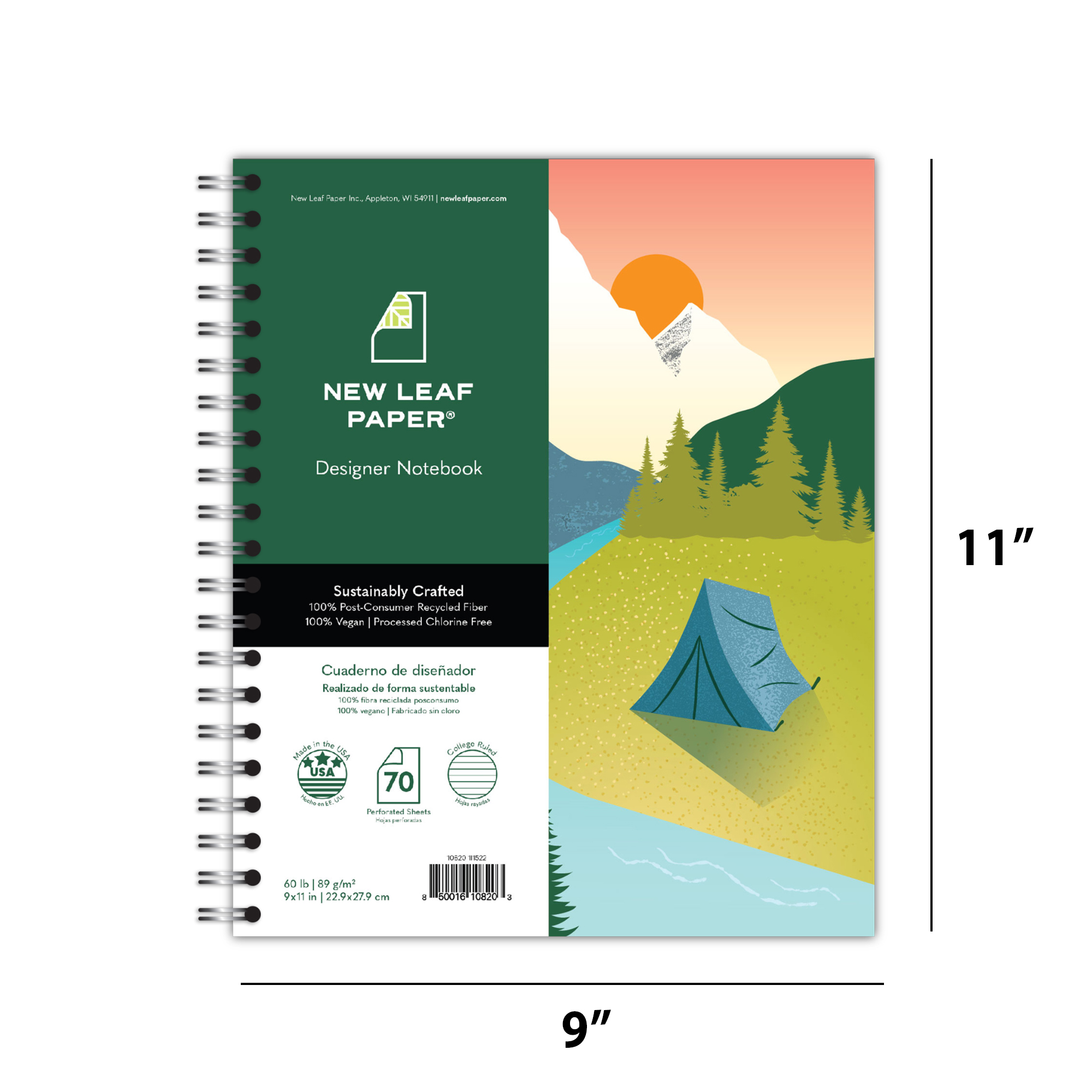 New Leaf Paper® 100% Recycled, Sustainably Designed, Large Wirebound Notebook, Camping Design