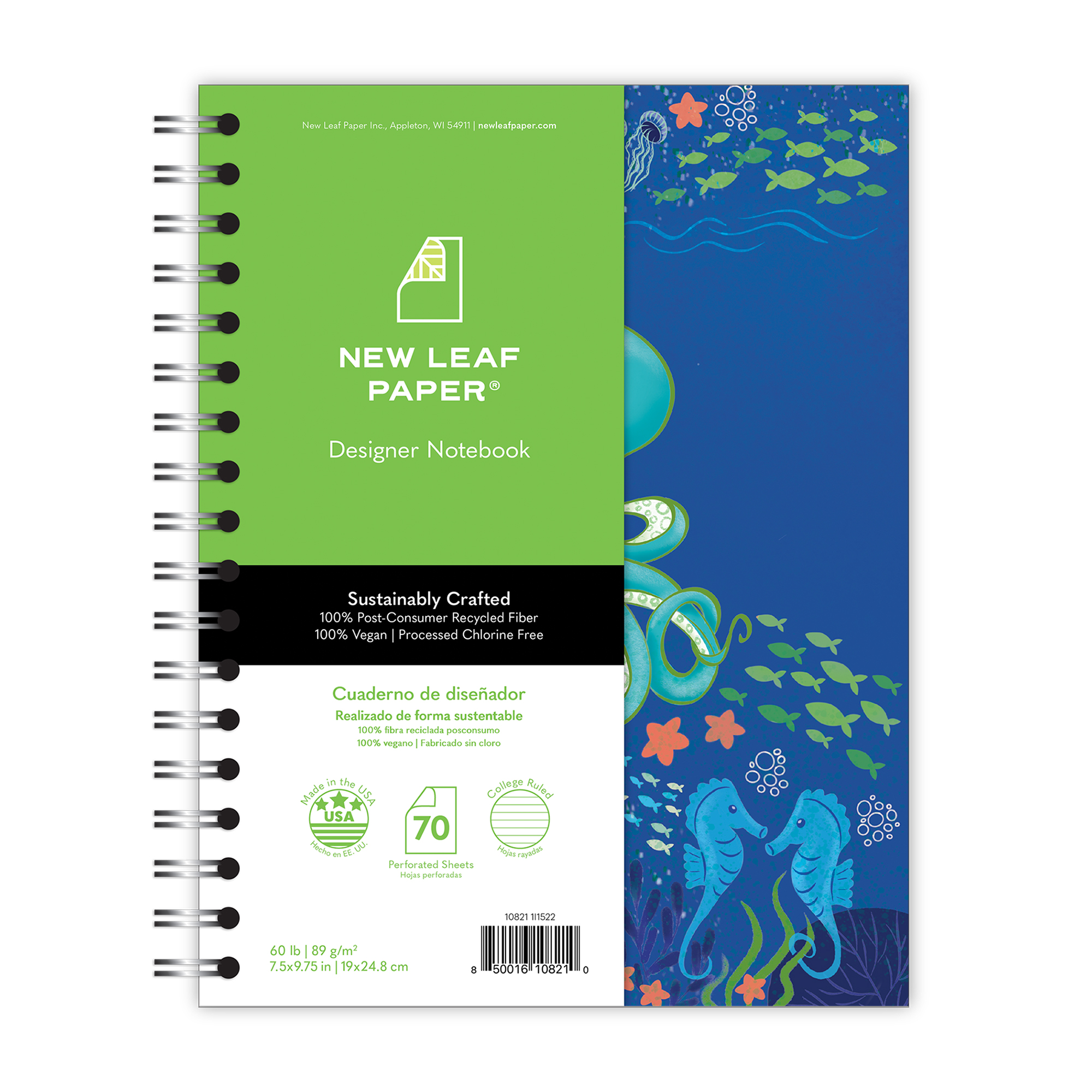 New Leaf Paper® 100% Recycled, Sustainably Designed, Small Wirebound Notebook, Sea Life Design