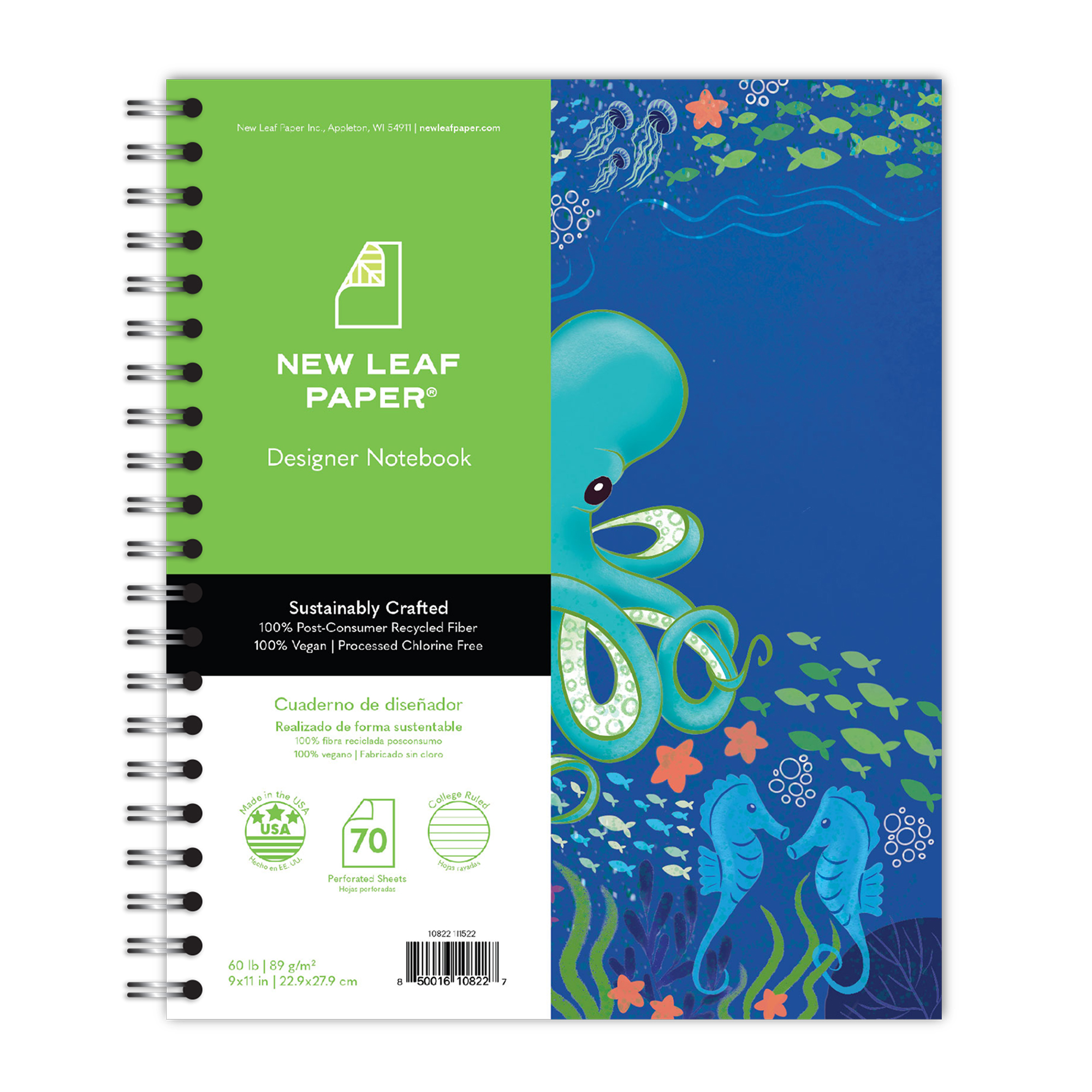 New Leaf Paper® 100% Recycled, Sustainably Designed, Large Wirebound Notebook, Sea Life Design