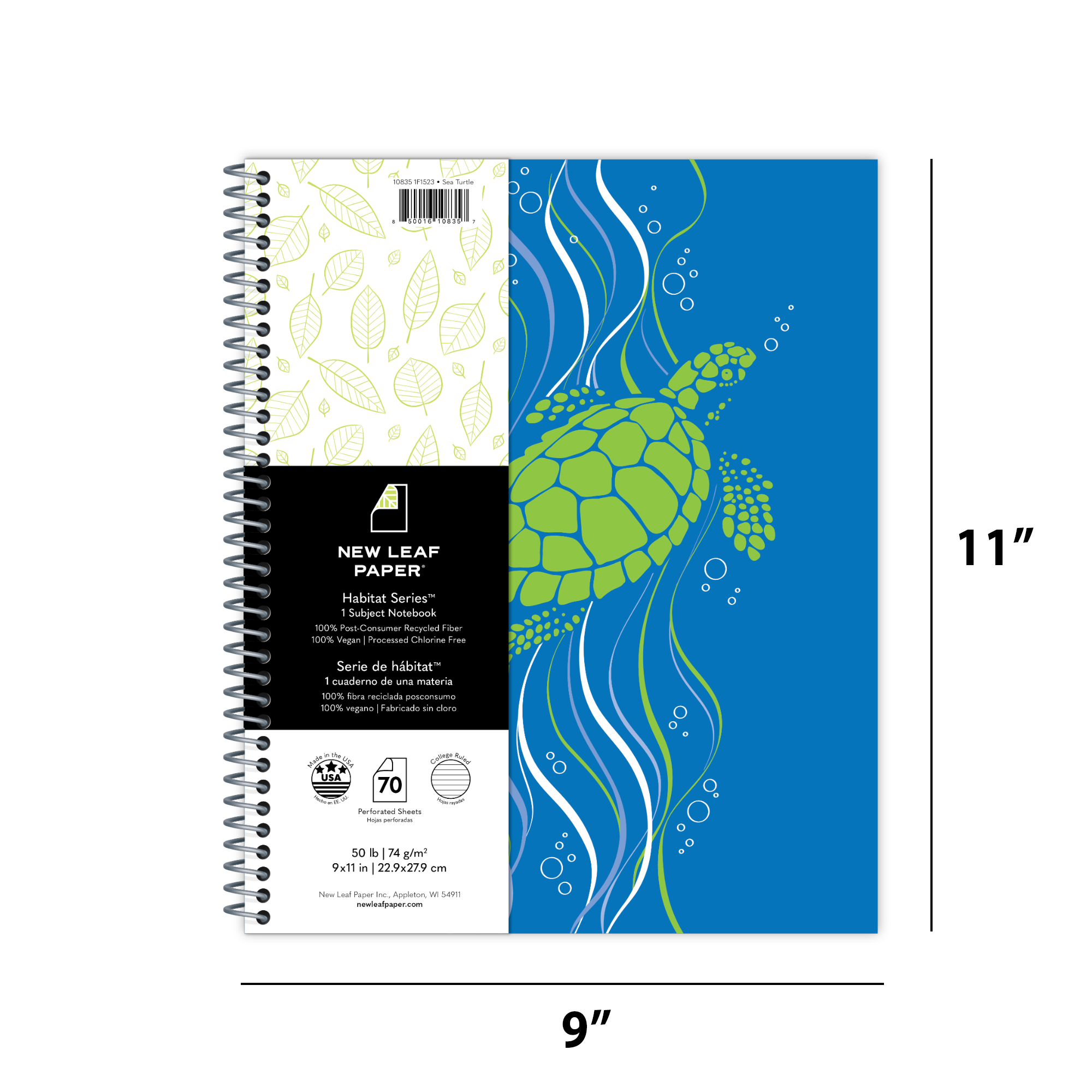 New Leaf Paper® Habitat Series™ 100% Recycled, Sustainably Designed One Subject Notebook, College Ruled, 11" x 9", 70 Sheets, Sea Turtle