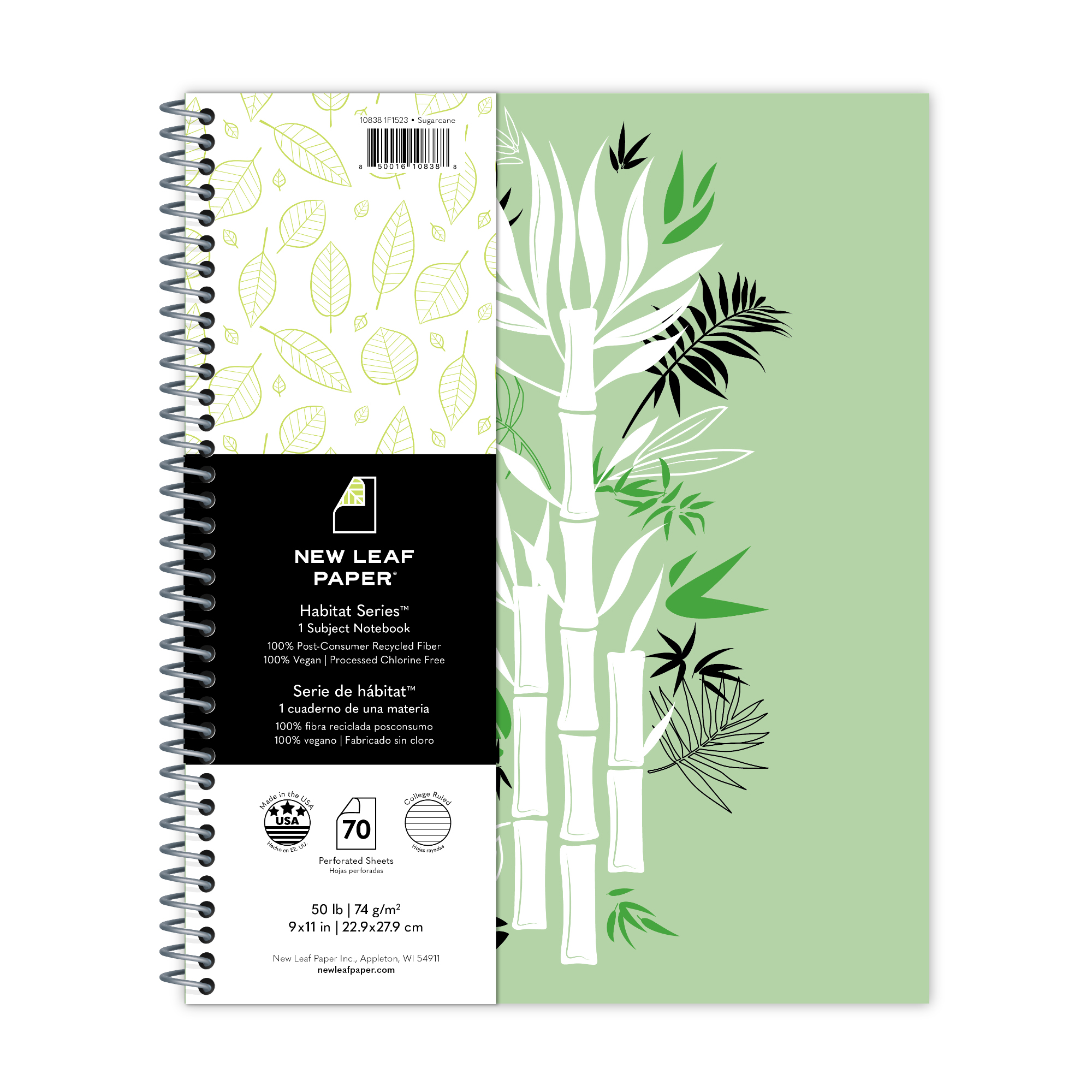 New Leaf Paper® Habitat Series™ 100% Recycled, Sustainably Designed One Subject Notebook, College Ruled, 11" x 9", 70 Sheets, Sugarcane