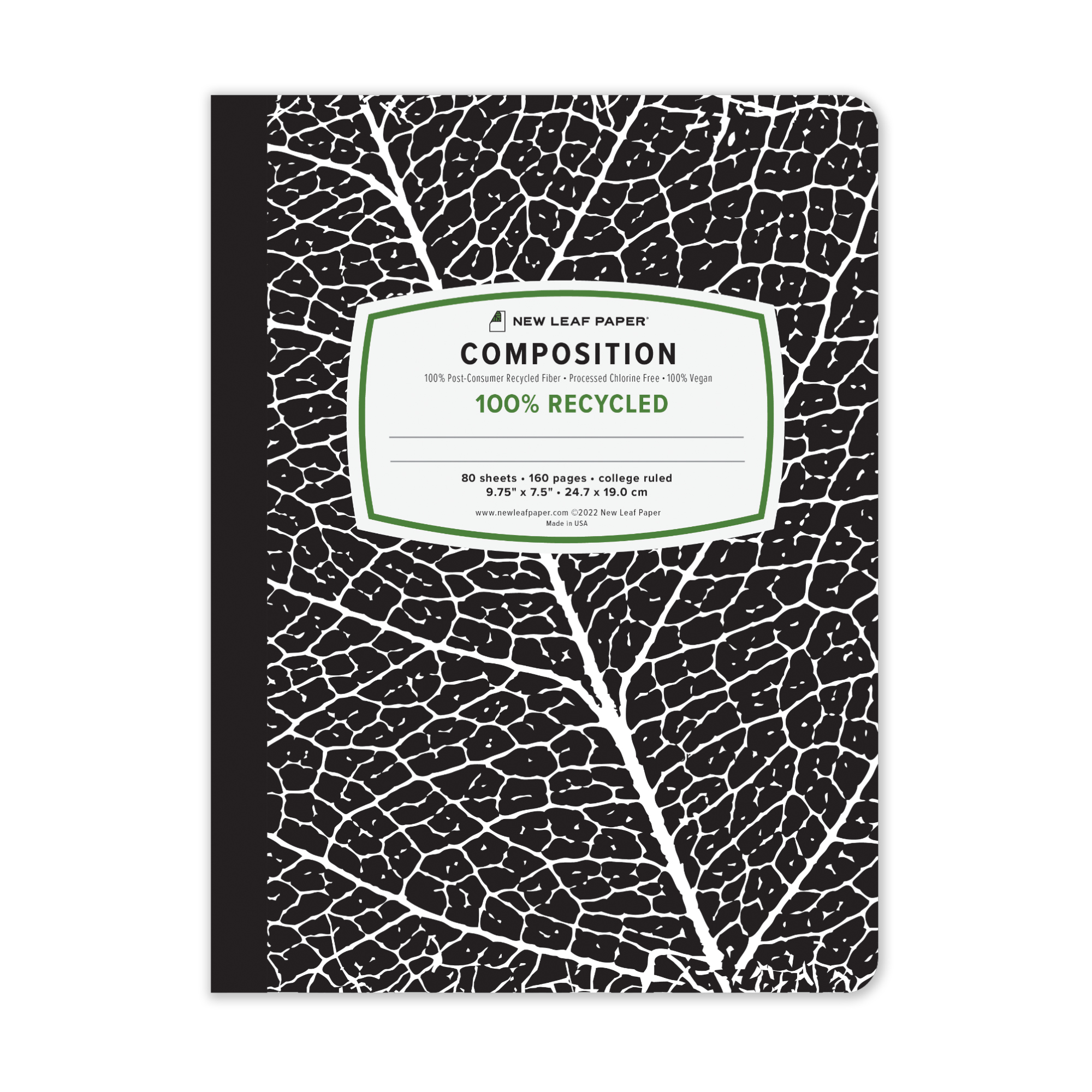 New Leaf Paper® 100% Recycled, Sustainably Designed Composition Book, 9.75” x 7.5", 80 sheets/160 Pages, Black Leaf Cover