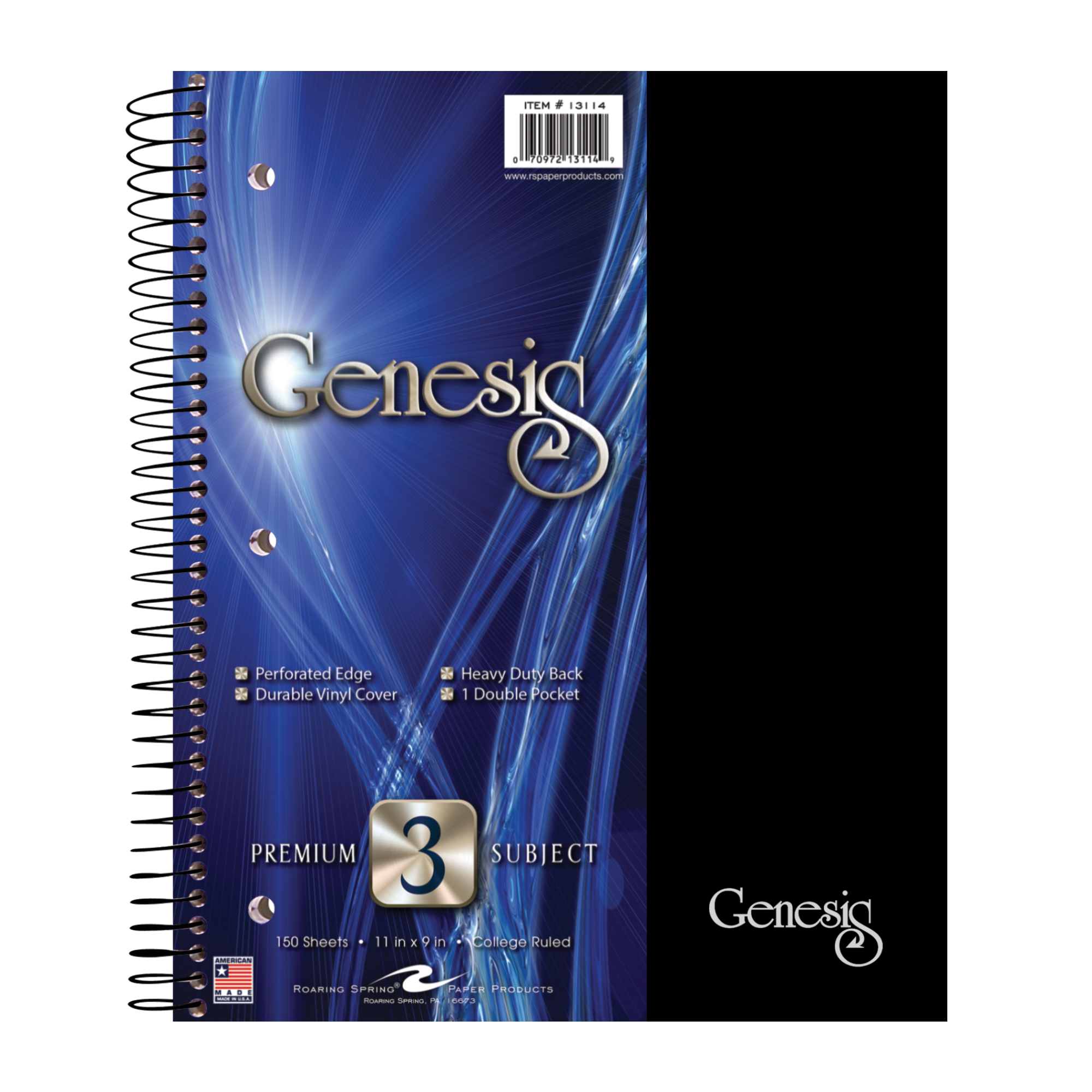 Genesis Three Subject Wirebound Notebook, College Ruled with One Double Pocket