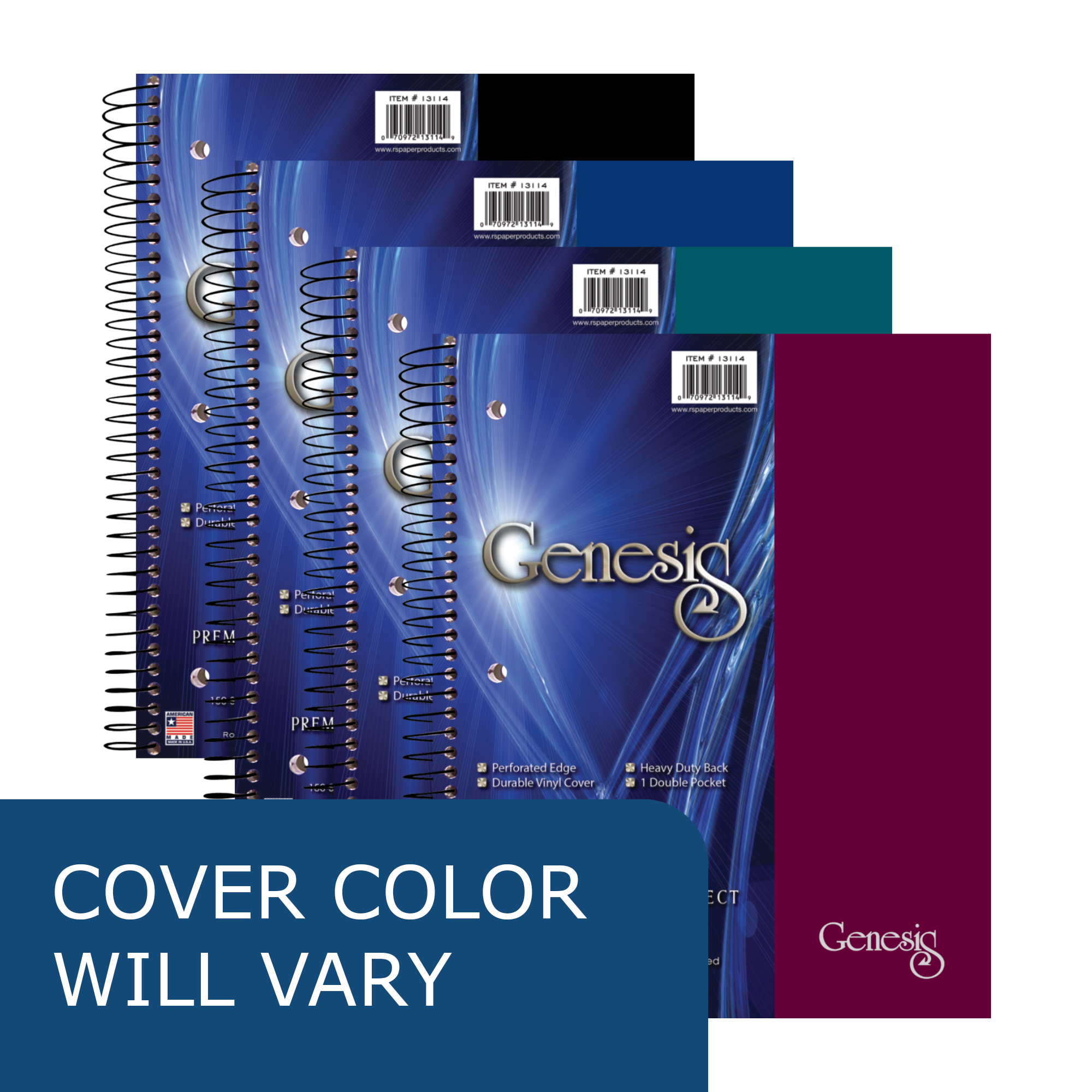 Genesis Three Subject Wirebound Notebook, College Ruled with One Double Pocket