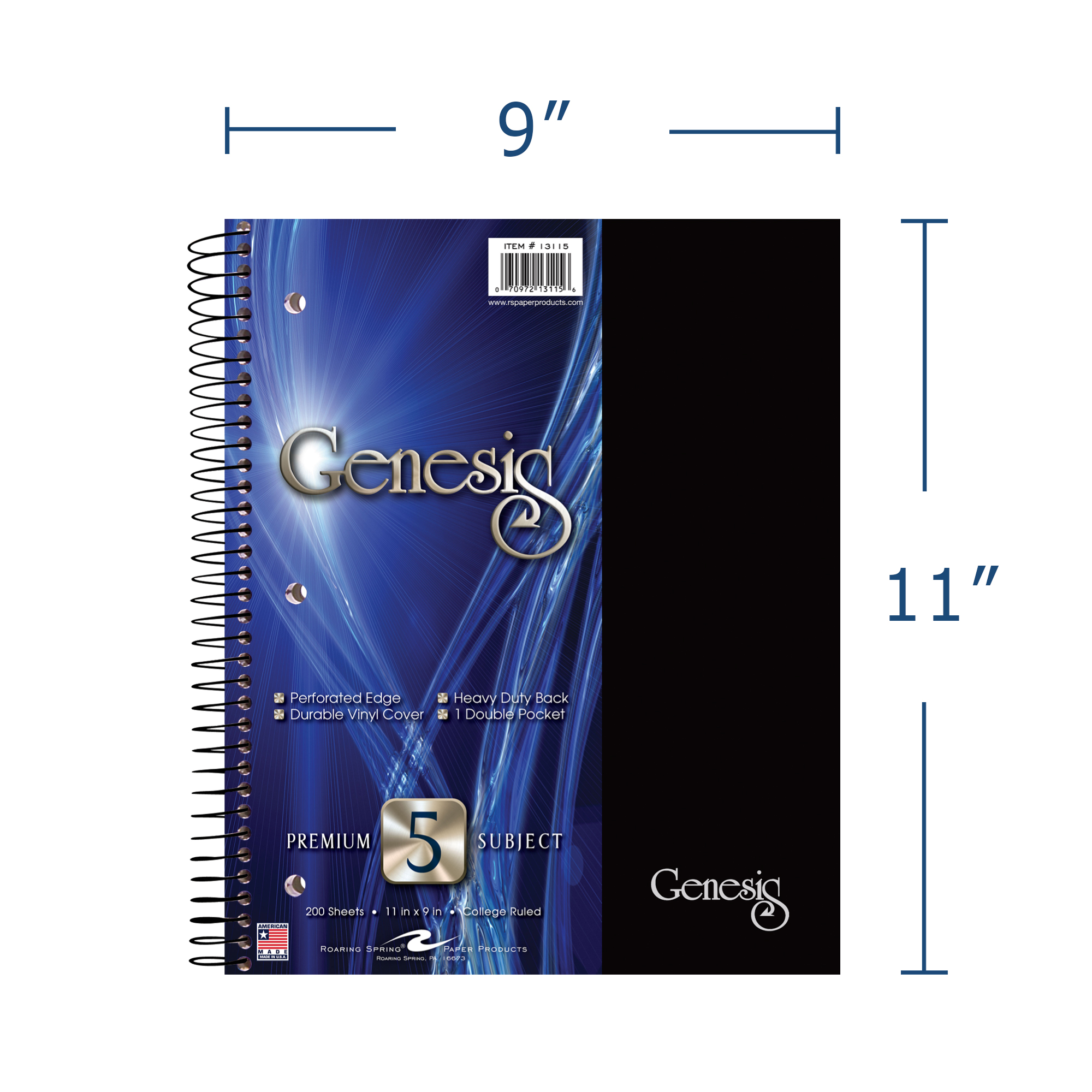 Genesis Five Subject Wirebound Notebook with One Double Pocket, College Ruled