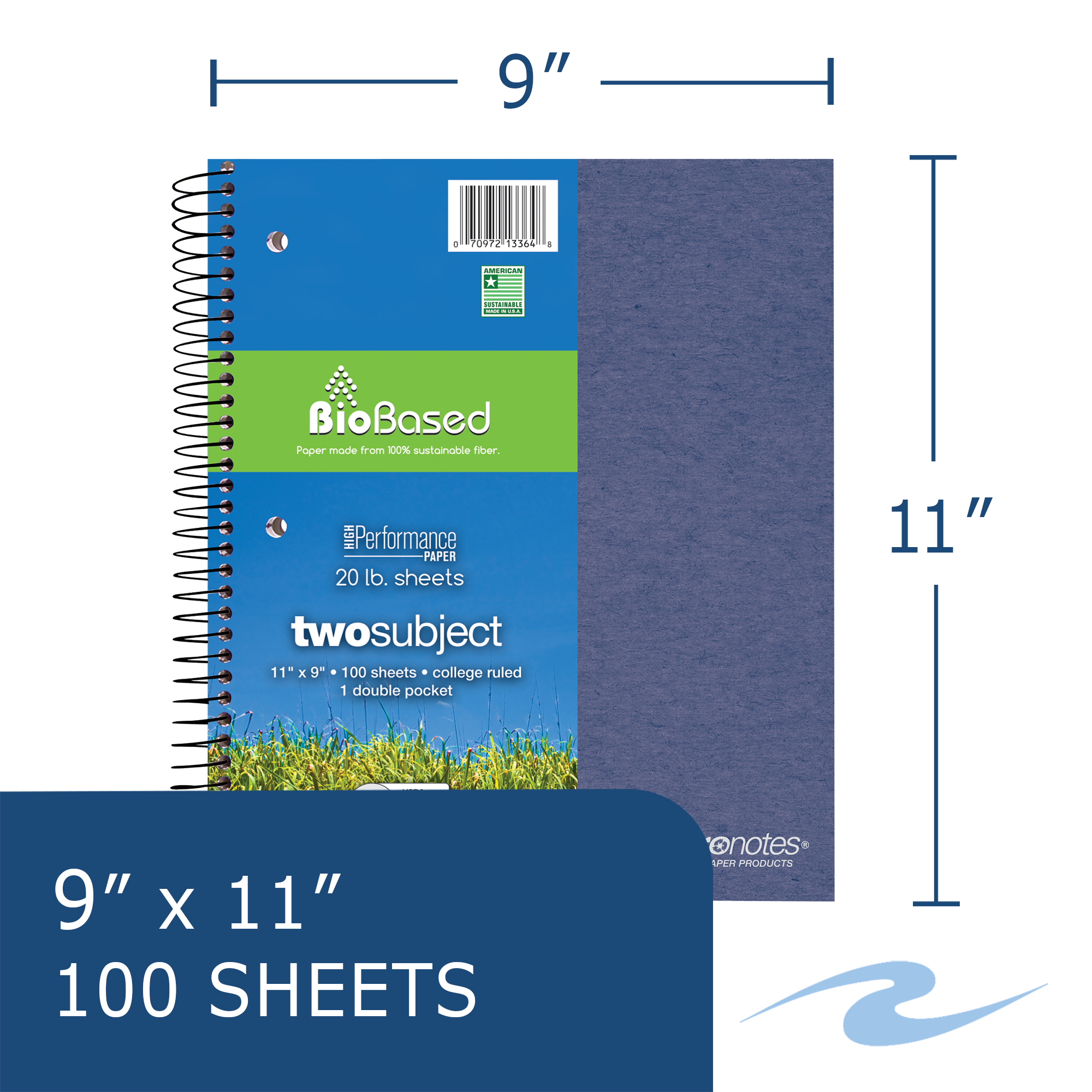 Environotes® Recycled Two Subject Wirebound Notebook with Heavyweight BioBased Paper, College Ruled