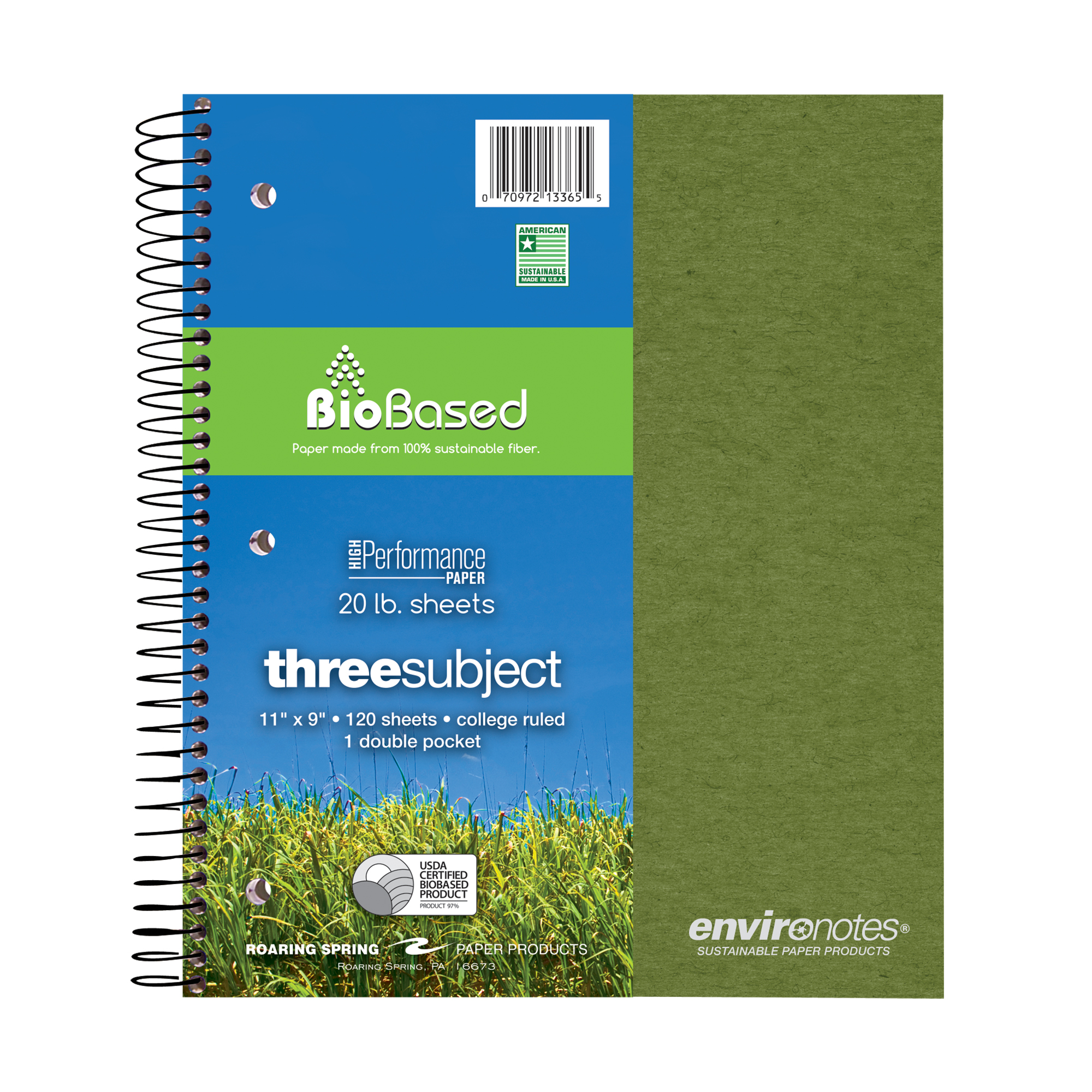 Environotes® Recycled Three Subject Wirebound Notebook with Heavyweight BioBased Paper, College Ruled
