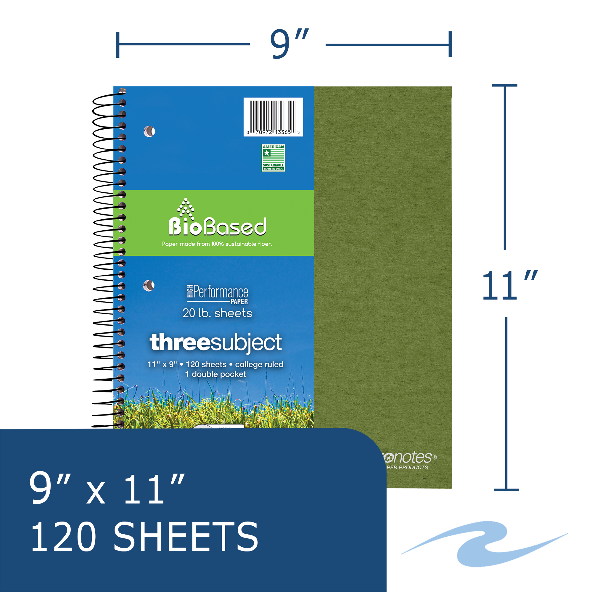 Environotes® Recycled Three Subject Wirebound Notebook with Heavyweight BioBased Paper, College Ruled