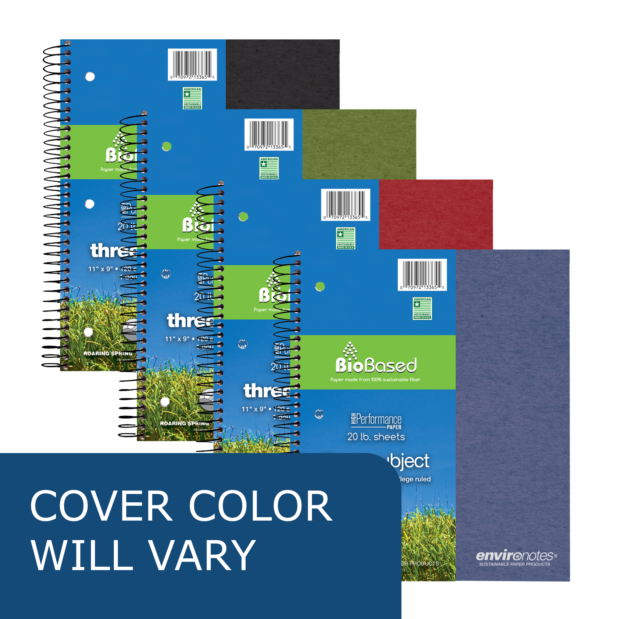 Environotes® Recycled Three Subject Wirebound Notebook with Heavyweight BioBased Paper, College Ruled