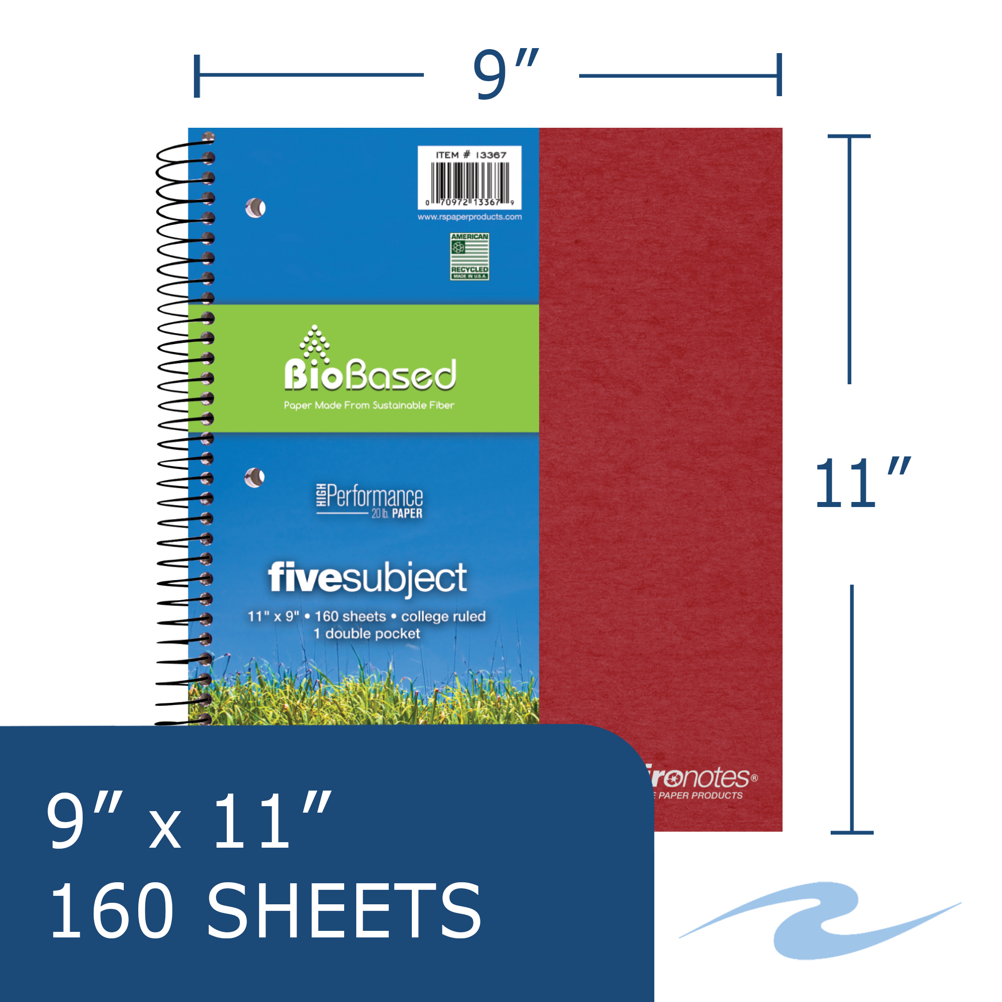 Environotes® Recycled Five Subject Wirebound Notebook with Heavyweight BioBased Paper, College Ruled