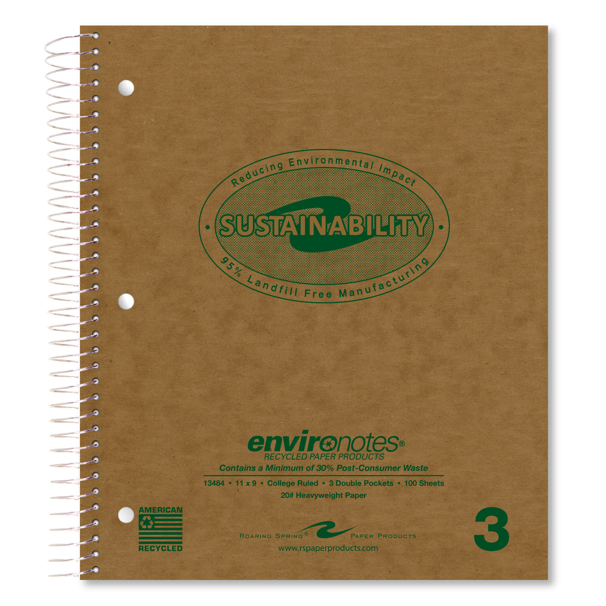 Environotes® Recycled Three Subject Wirebound Notebook with Heavyweight Paper and Three Double Pockets, College Ruled