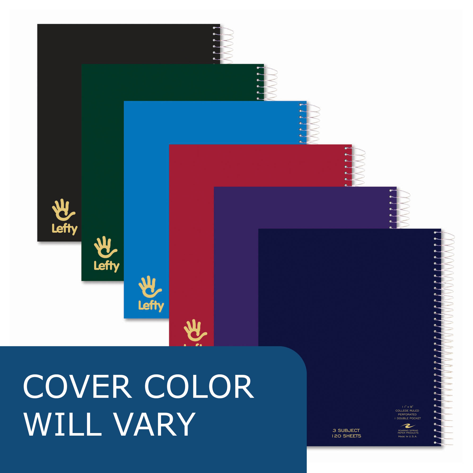 Lefty Three Subject Left Handed Wirebound Notebook, College Ruled