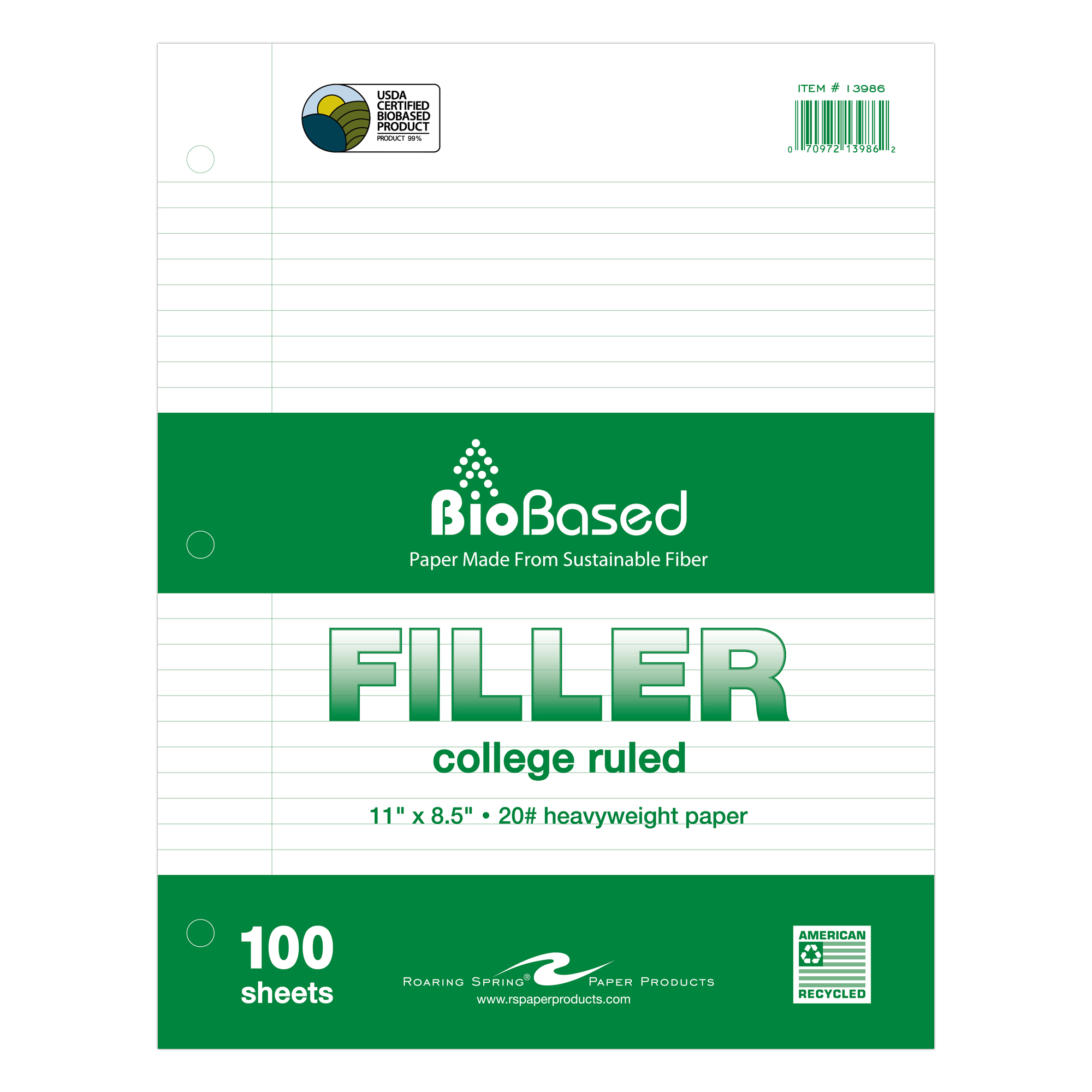 BioBased Recycled Loose Leaf Filler Paper, USDA Certified, College Ruled, White Paper, 100 Sheets