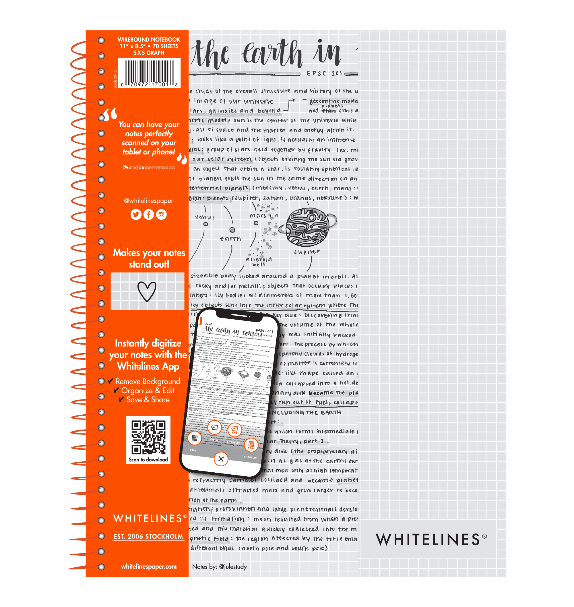 Whitelines® Wirebound Notebook with Premium Gray Paper with White Grids (5x5), Paper that works with your phone!