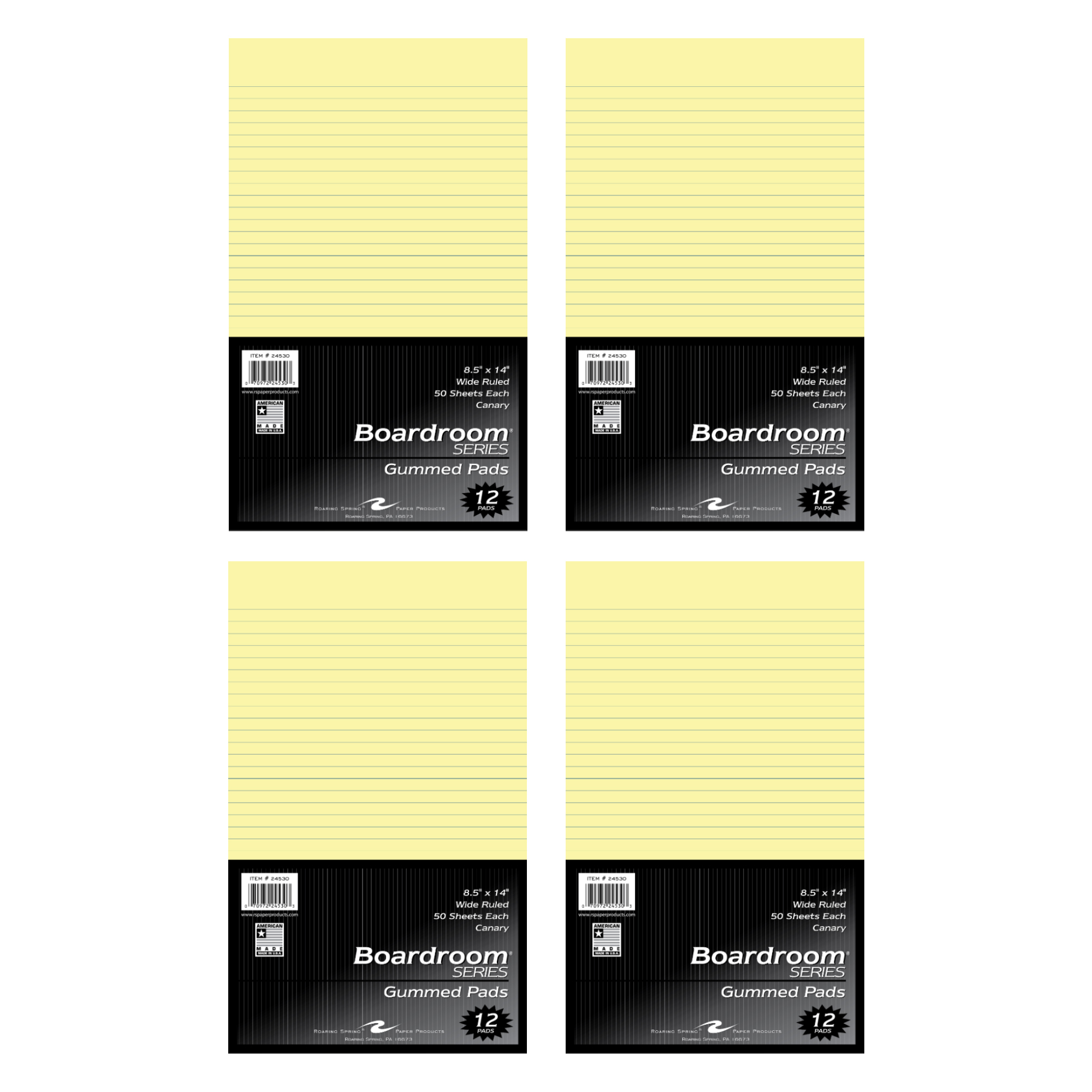 Traditional Size Legal Pads, Wide Ruled, Gummed Glue Top, 8.5" x 14", 50 Sheets, Canary Paper, Pack of 12