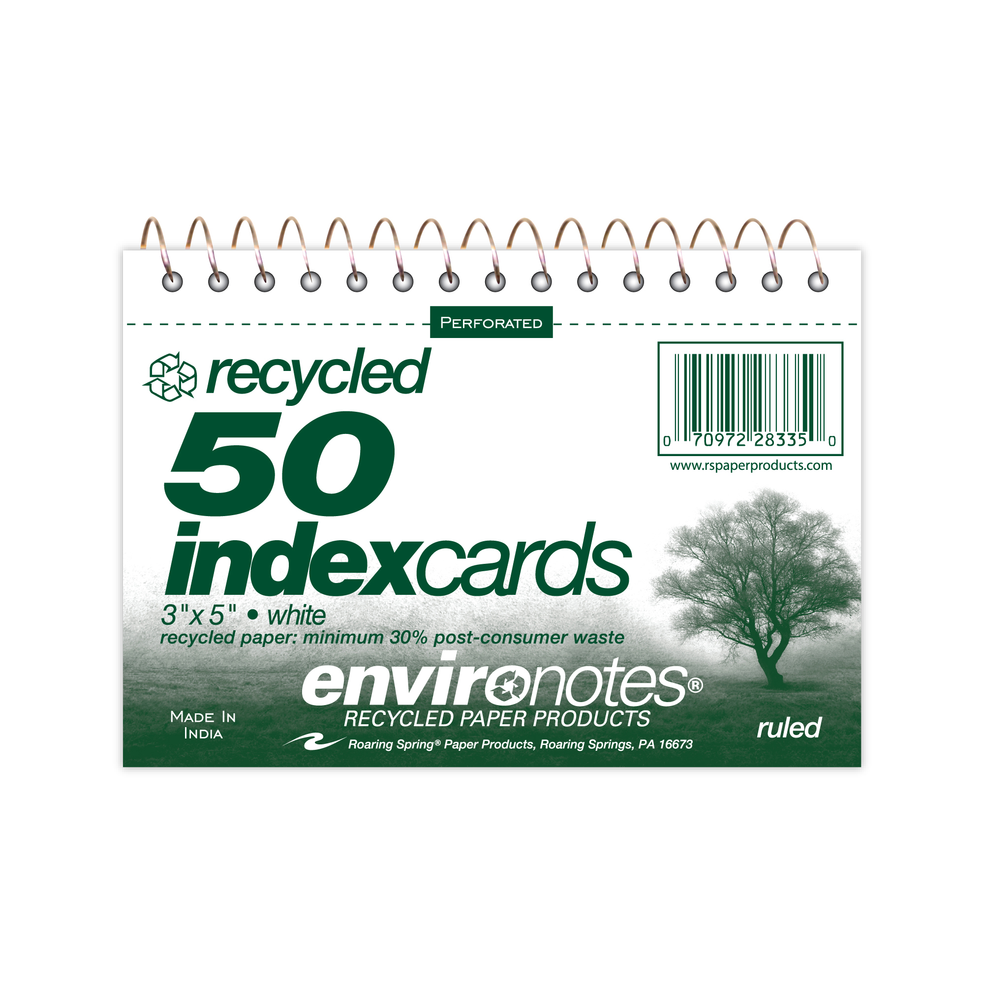 Environotes® 3" x 5" Recycled Index Cards, Wirebound, Perforated, Ruled, 50 Cards, White