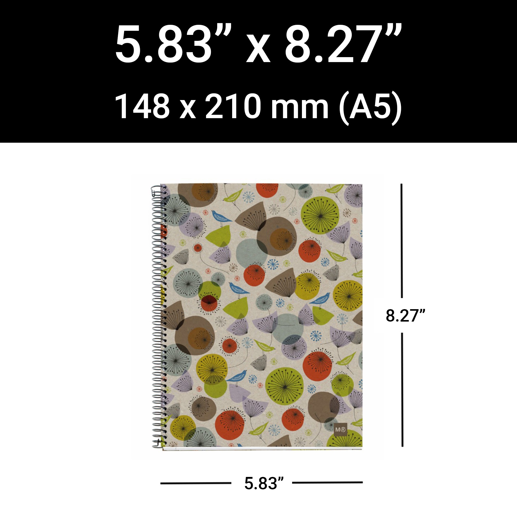 M® MiquelRius Recycled Collection, Lined 4 Subject Notebook, A5 (8.27" x 5.83"), Cardboard Cover - Eco Birds