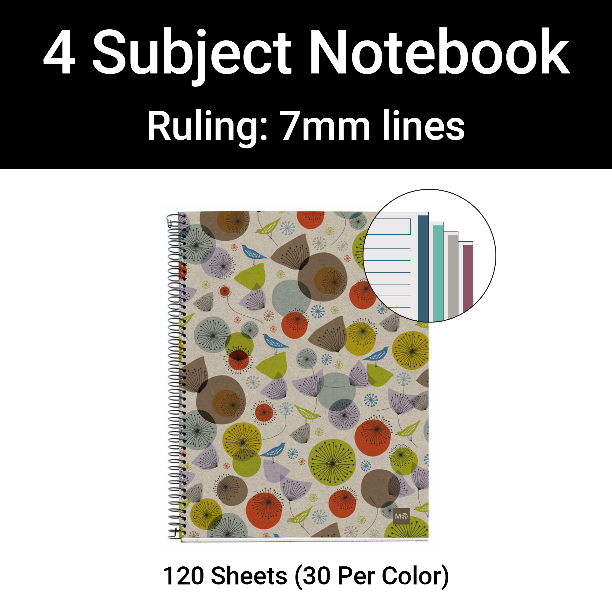 M® MiquelRius Recycled Collection, Lined 4 Subject Notebook, A5 (8.27" x 5.83"), Cardboard Cover - Eco Birds