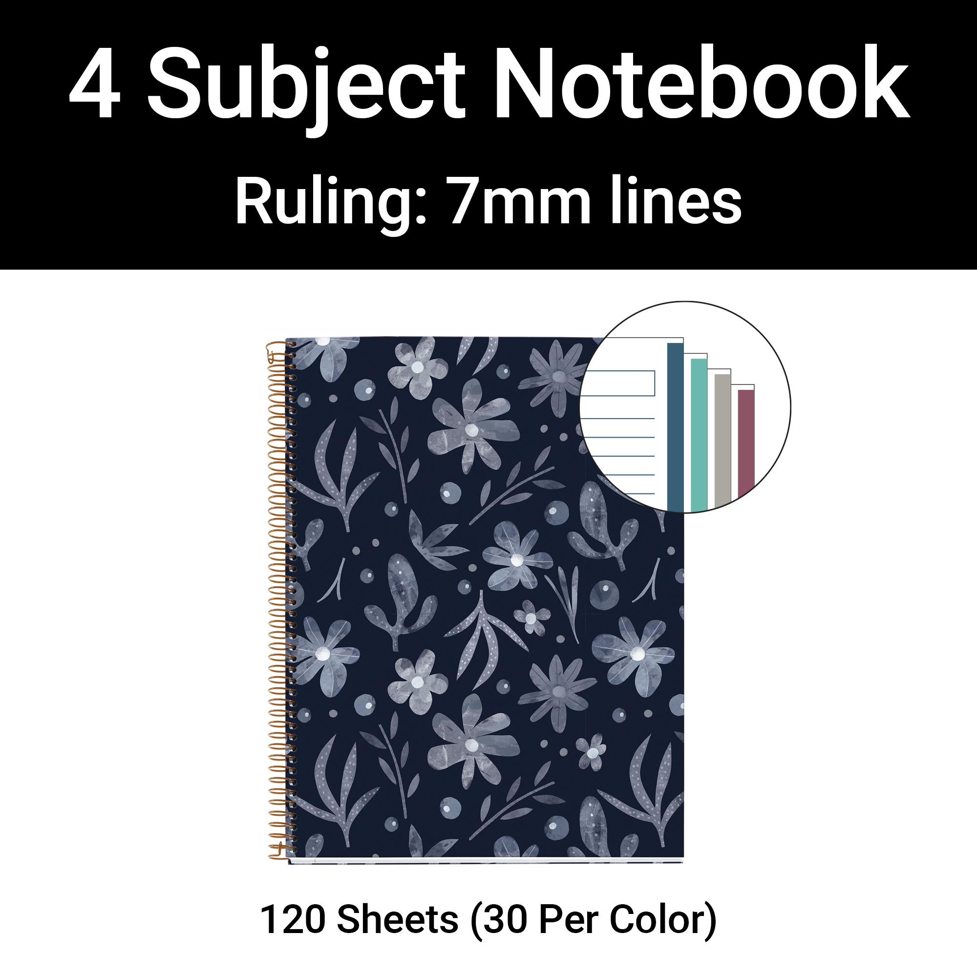 M® MiquelRius Lined 4 Subject Notebook, 11" x 8.5", Cardboard Cover - Dark Floral