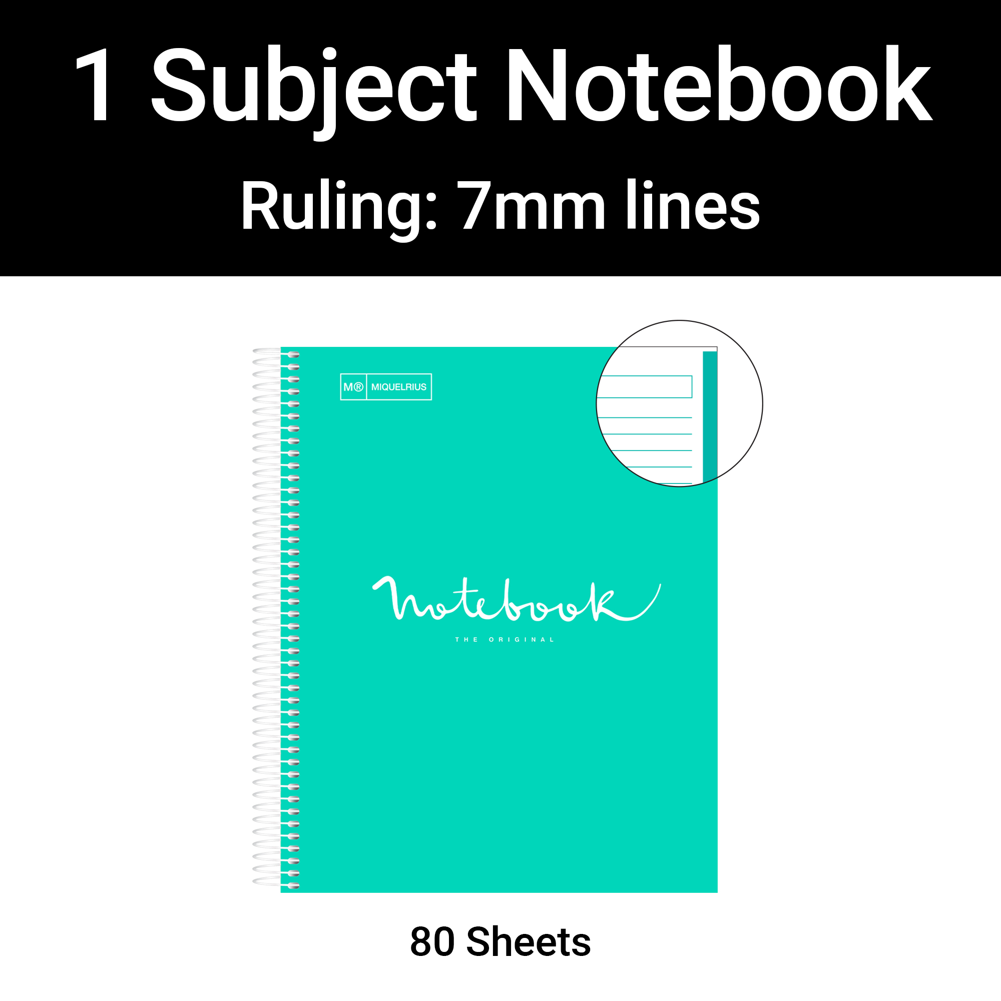 M® MiquelRius Emotions® Lined 1 Subject Notebook, 11" x 8.5", Cardboard Cover - Turquoise
