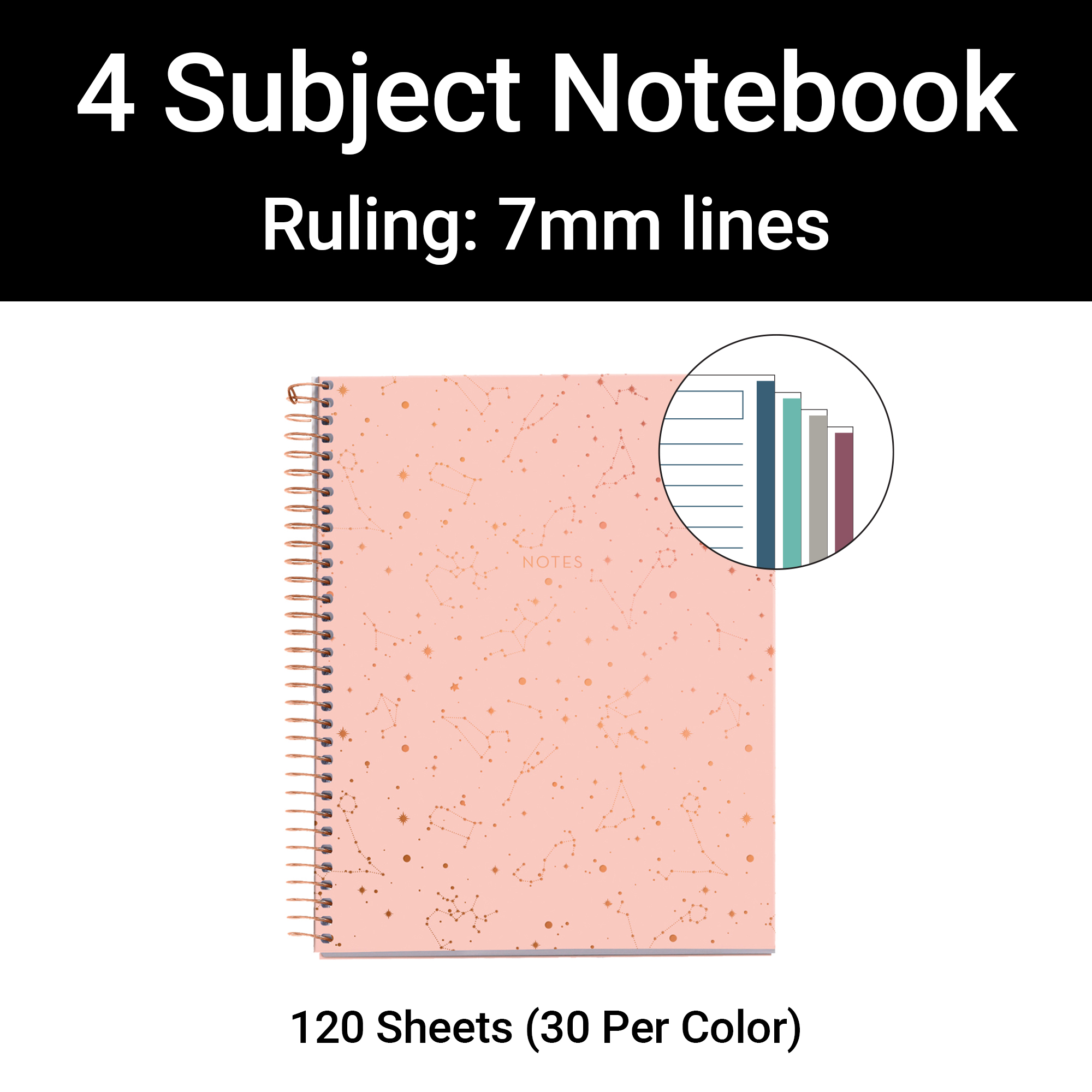 M® MiquelRius  Lined 4 Subject Notebook, A5 (8.27" x 5.83"), Cardboard Cover - Constellations
