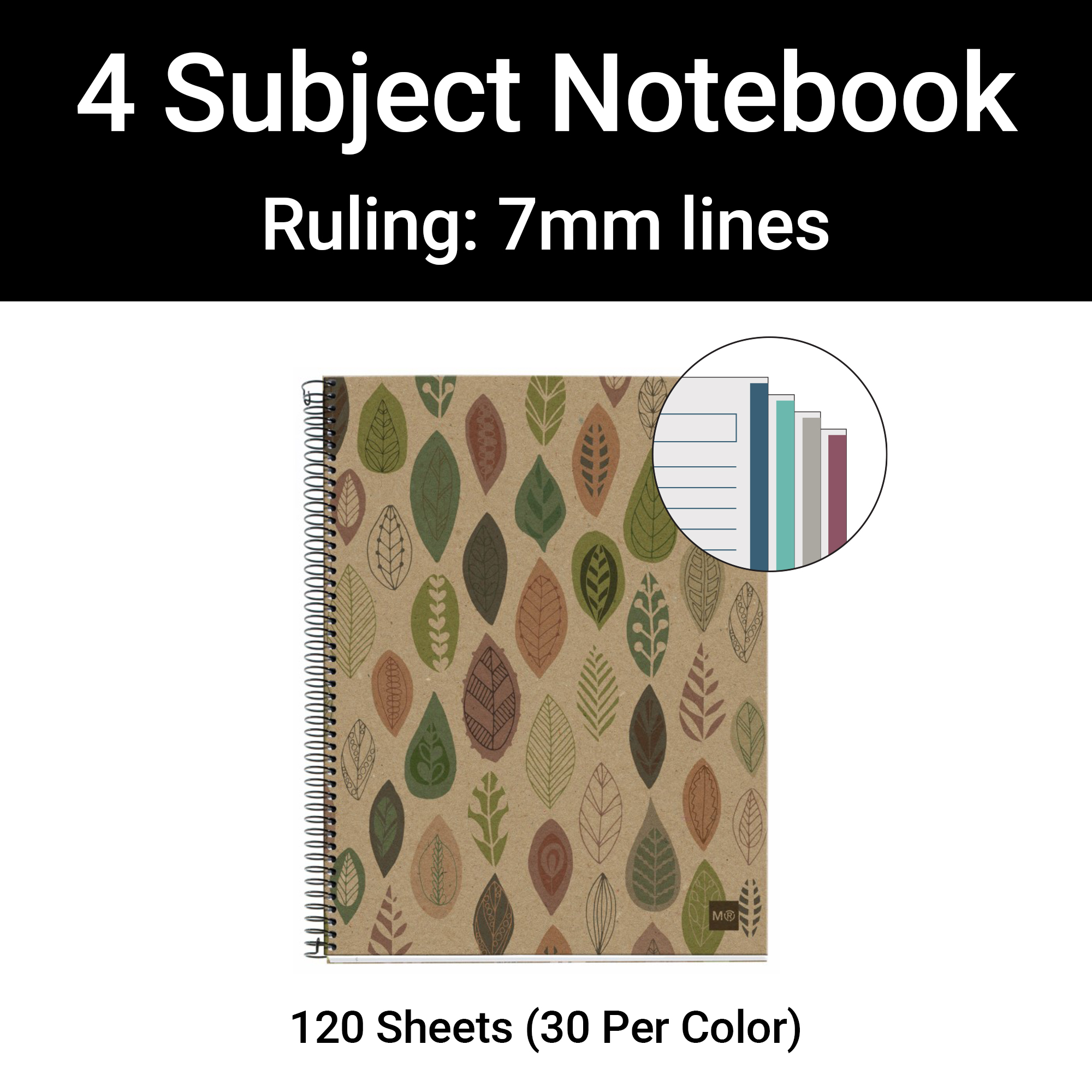 M® MiquelRius Recycled Collection, Lined 4 Subject Notebook, 11" x 8.5", Cardboard Cover - Eco Leaves