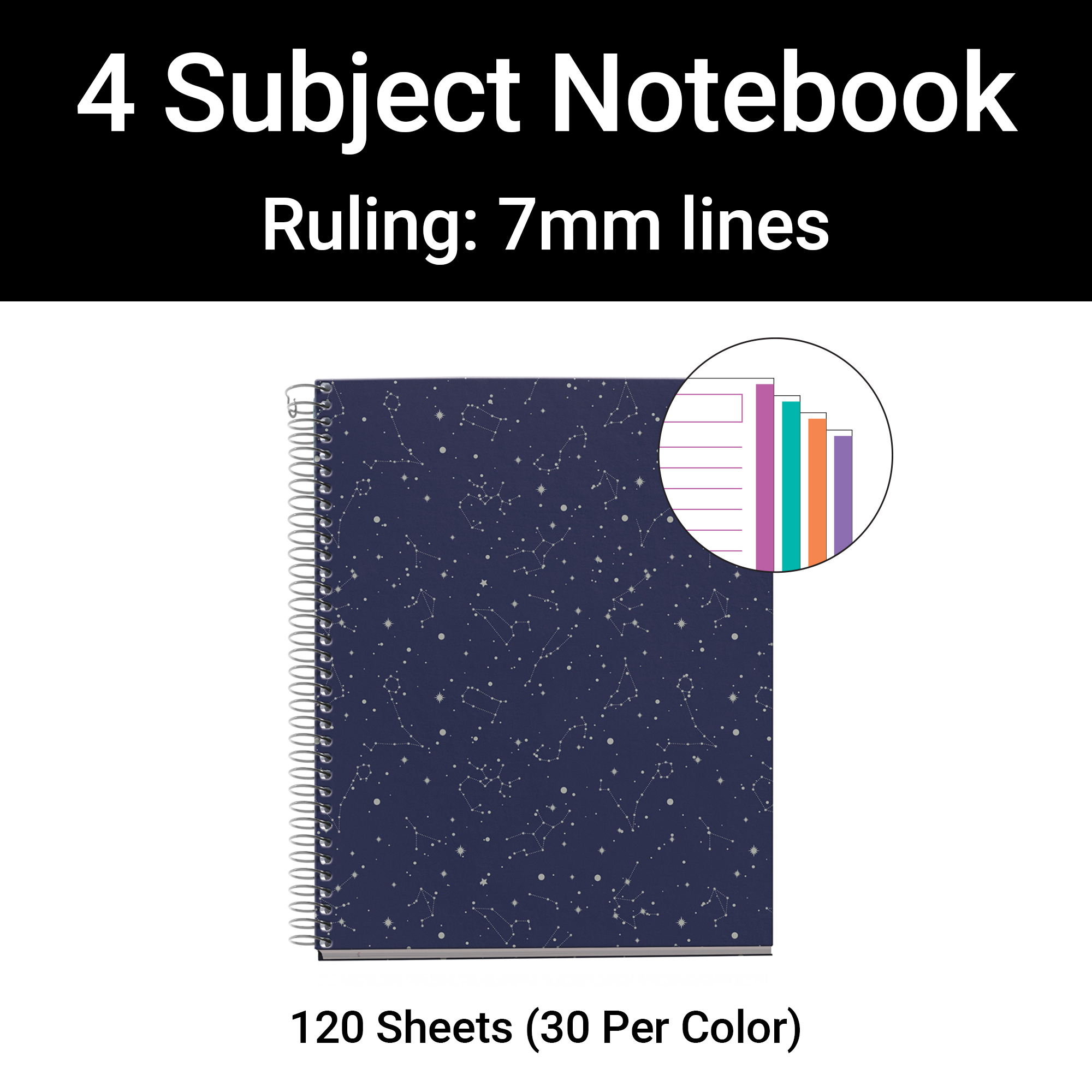 M® MiquelRius  Lined 4 Subject Notebook, A5 (8.27" x 5.83"), Cardboard Cover - Cosmos