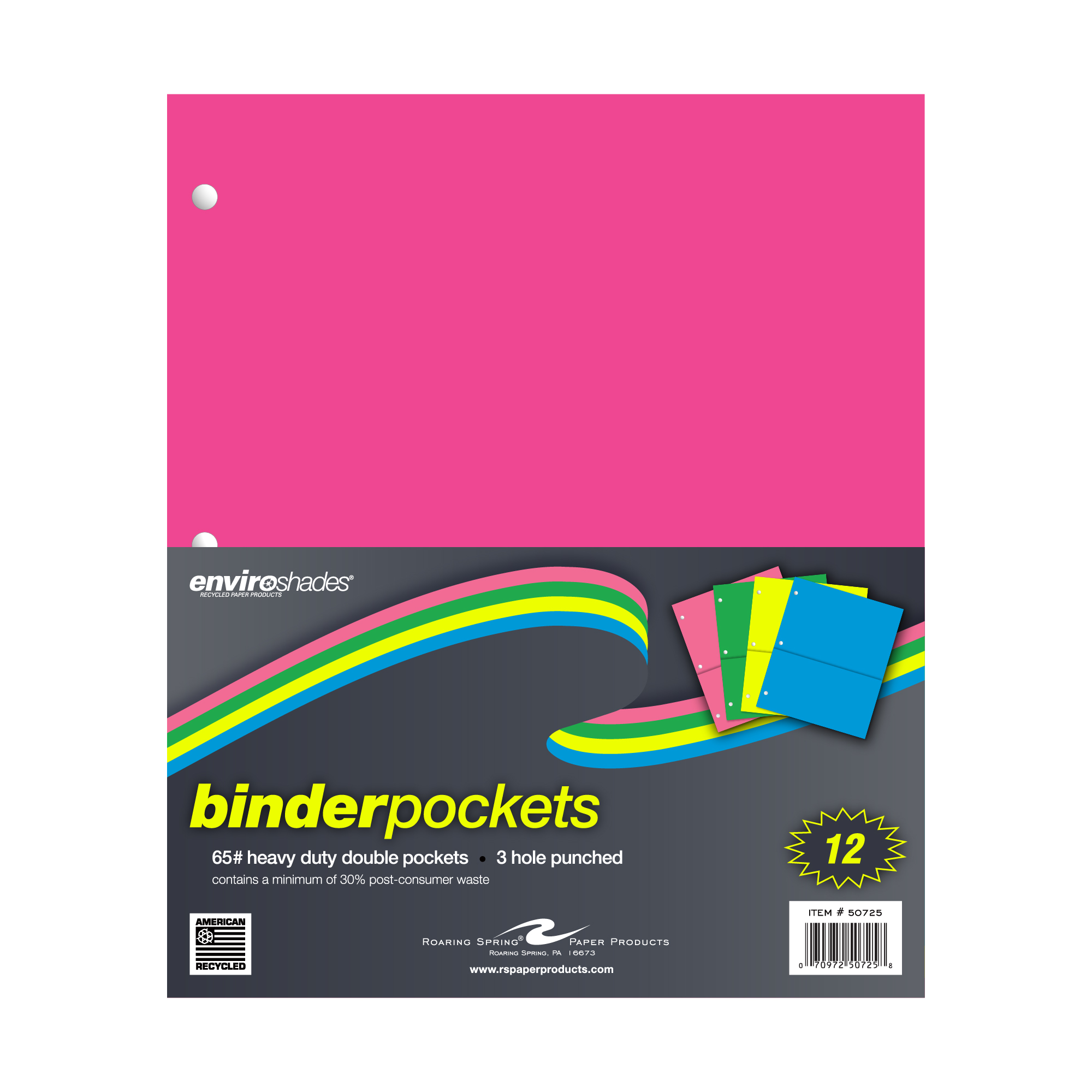 Enviroshades® Recycled Double Pocket Heavyweight Binder Pockets, Assorted Neon Colors