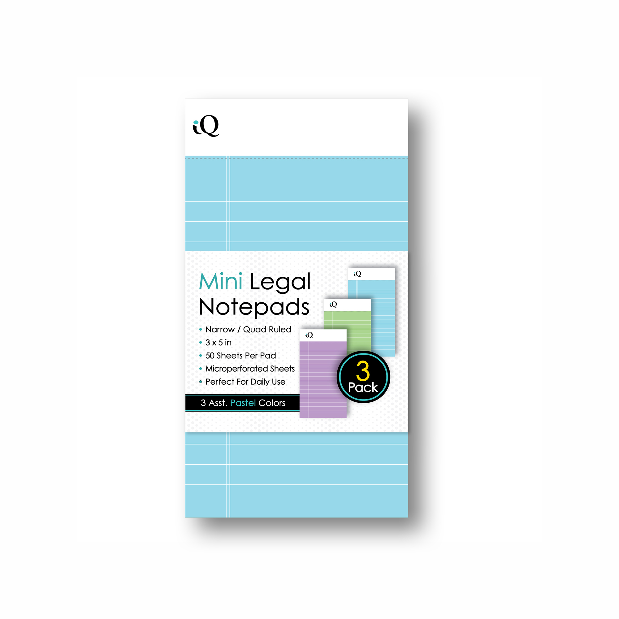 iScholar® Mini Colored Legal Pads, Lined Front, Grid Back for Versatility, Blue, Purple and Green, Pack of 3