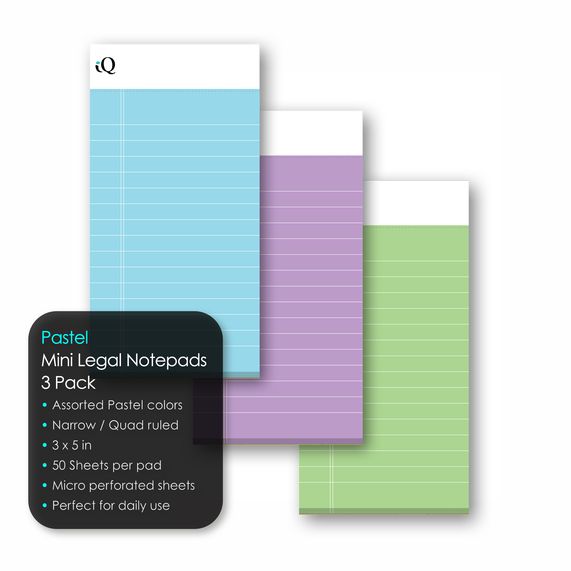 iScholar® Mini Colored Legal Pads, Lined Front, Grid Back for Versatility, Blue, Purple and Green, Pack of 3