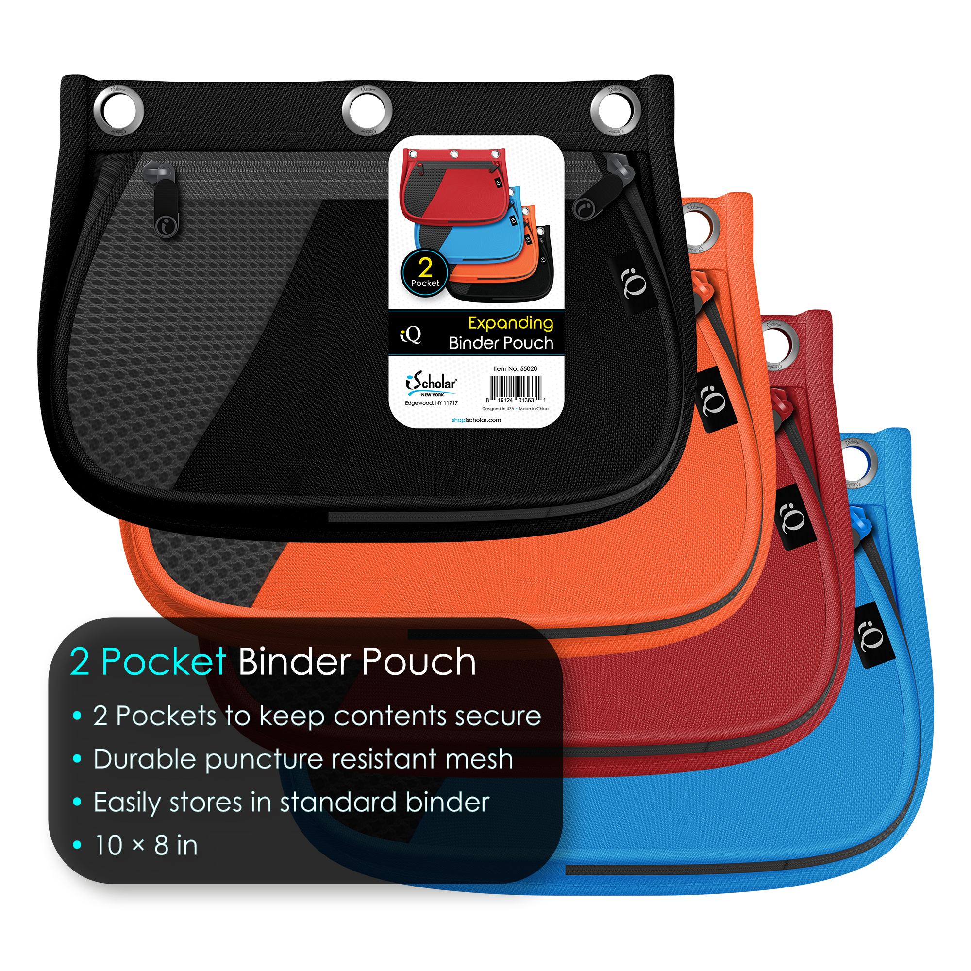 iScholar® iQ Expandable 2-Pocket Binder Pouch, 10" x 8", Assorted Colors