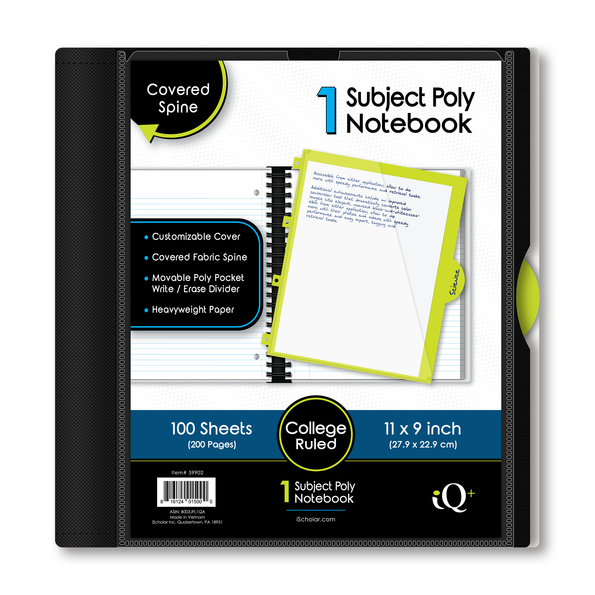 iScholar® iQ+ Poly Cover Notebook, College Ruled, 11" x 9", 100 Sheets, Assorted Colors