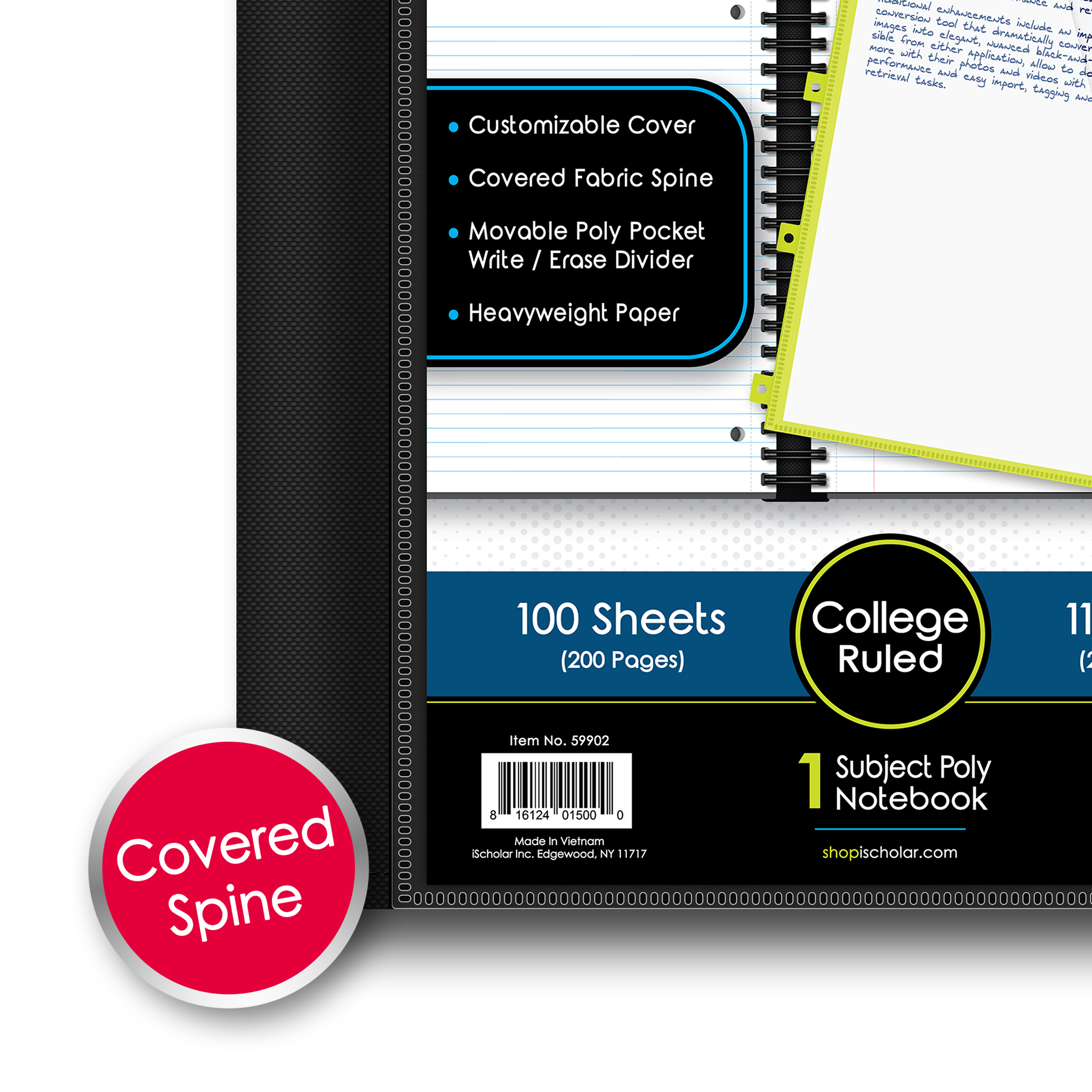 iScholar® iQ+ Poly Cover Notebook, College Ruled, 11" x 9", 100 Sheets, Assorted Colors