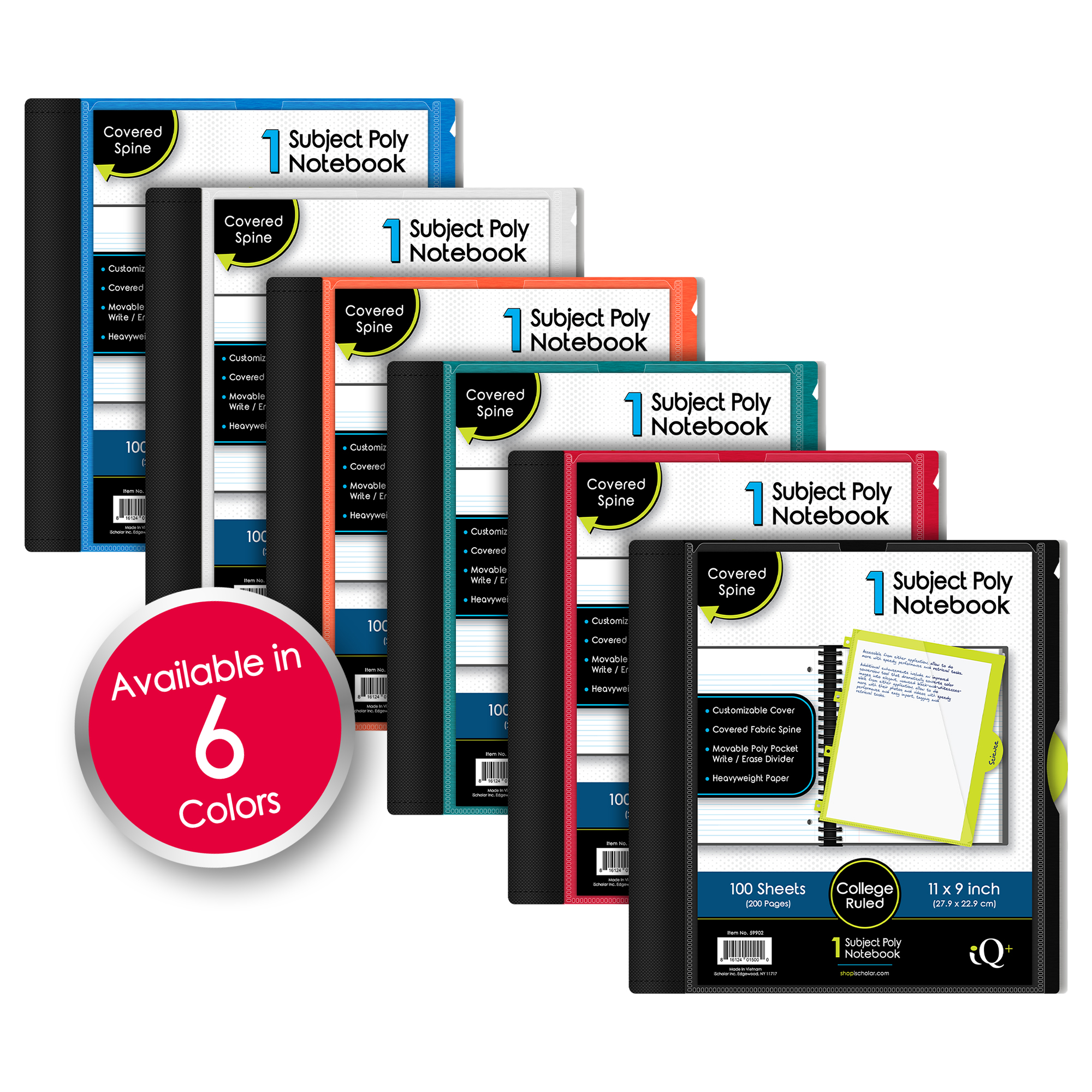 iScholar® iQ+ Poly Cover Notebook, College Ruled, 11" x 9", 100 Sheets, Assorted Colors