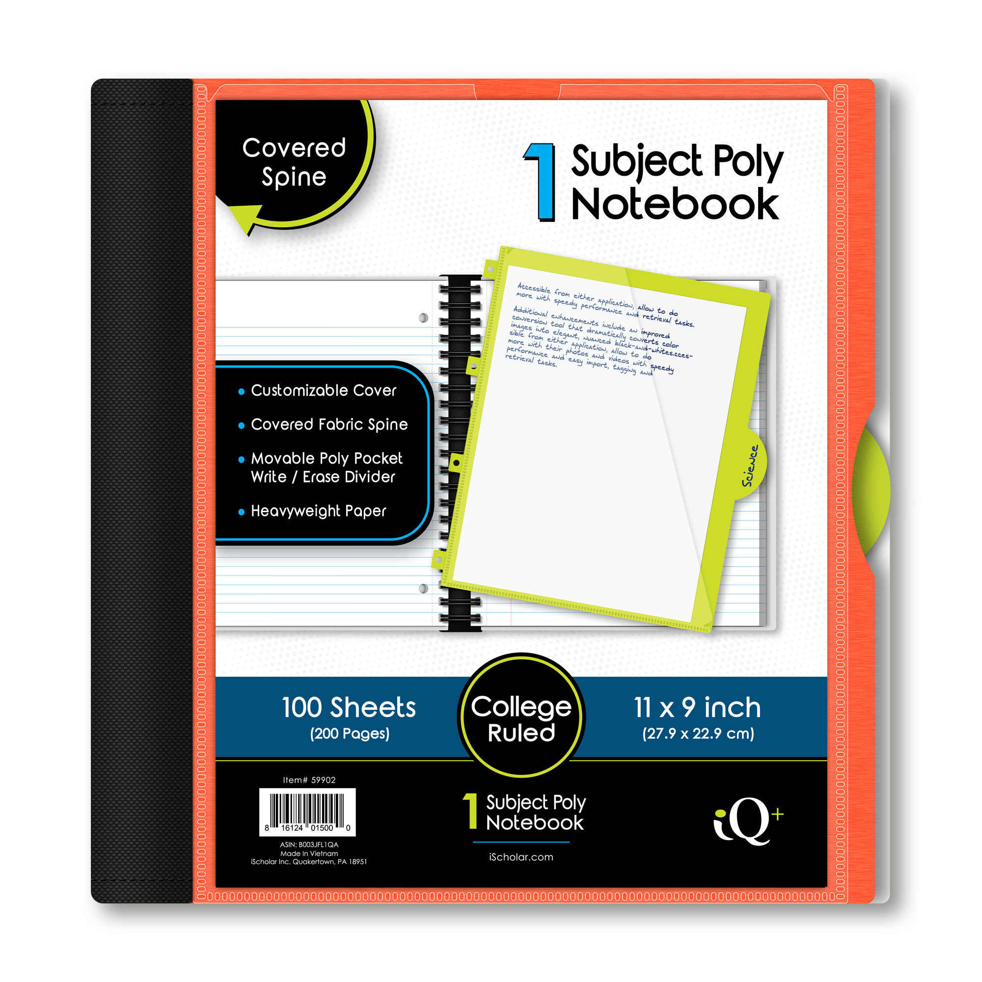 iScholar® iQ+ Poly Cover Notebook, College Ruled, 11" x 9", 100 Sheets, Assorted Colors