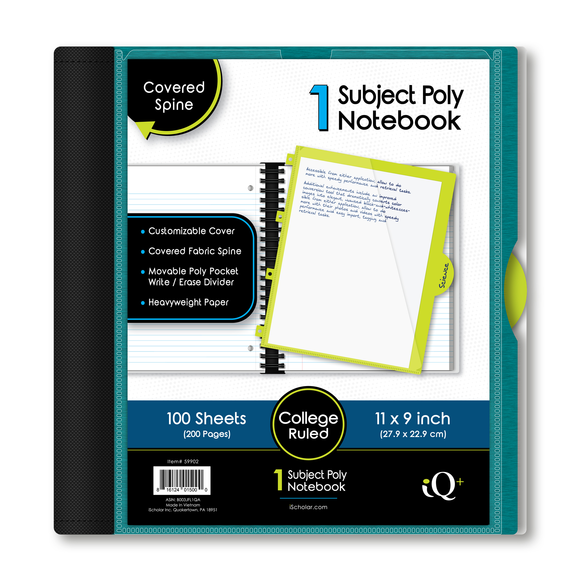 iScholar® iQ+ Poly Cover Notebook, College Ruled, 11" x 9", 100 Sheets, Assorted Colors