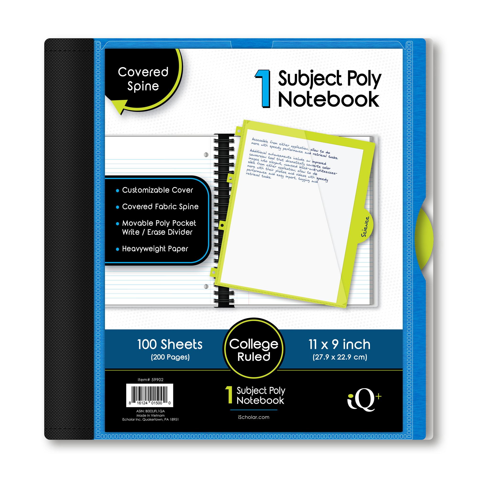 iScholar® iQ+ Poly Cover Notebook, College Ruled, 11" x 9", 100 Sheets, Assorted Colors