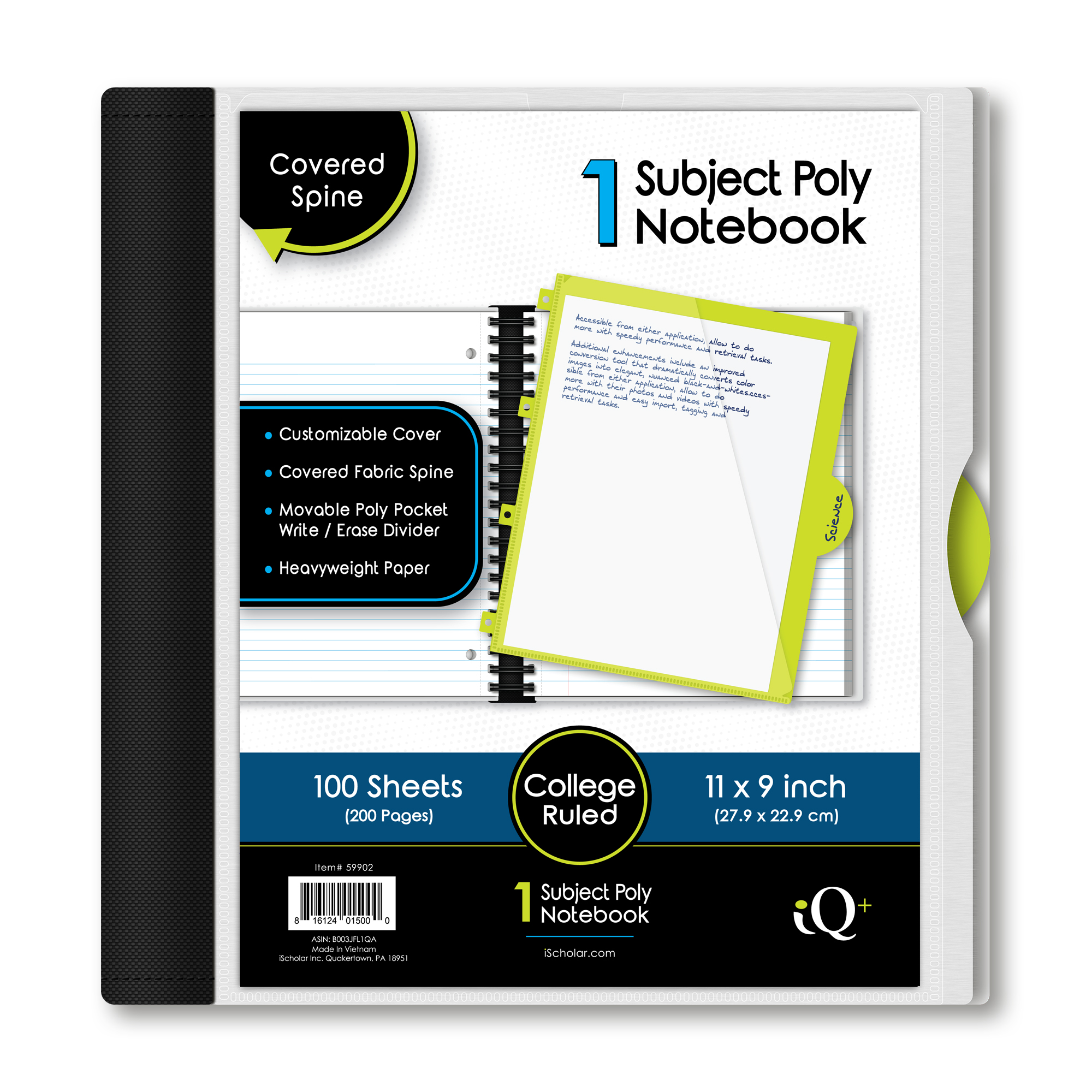 iScholar® iQ+ Poly Cover Notebook, College Ruled, 11" x 9", 100 Sheets, Assorted Colors