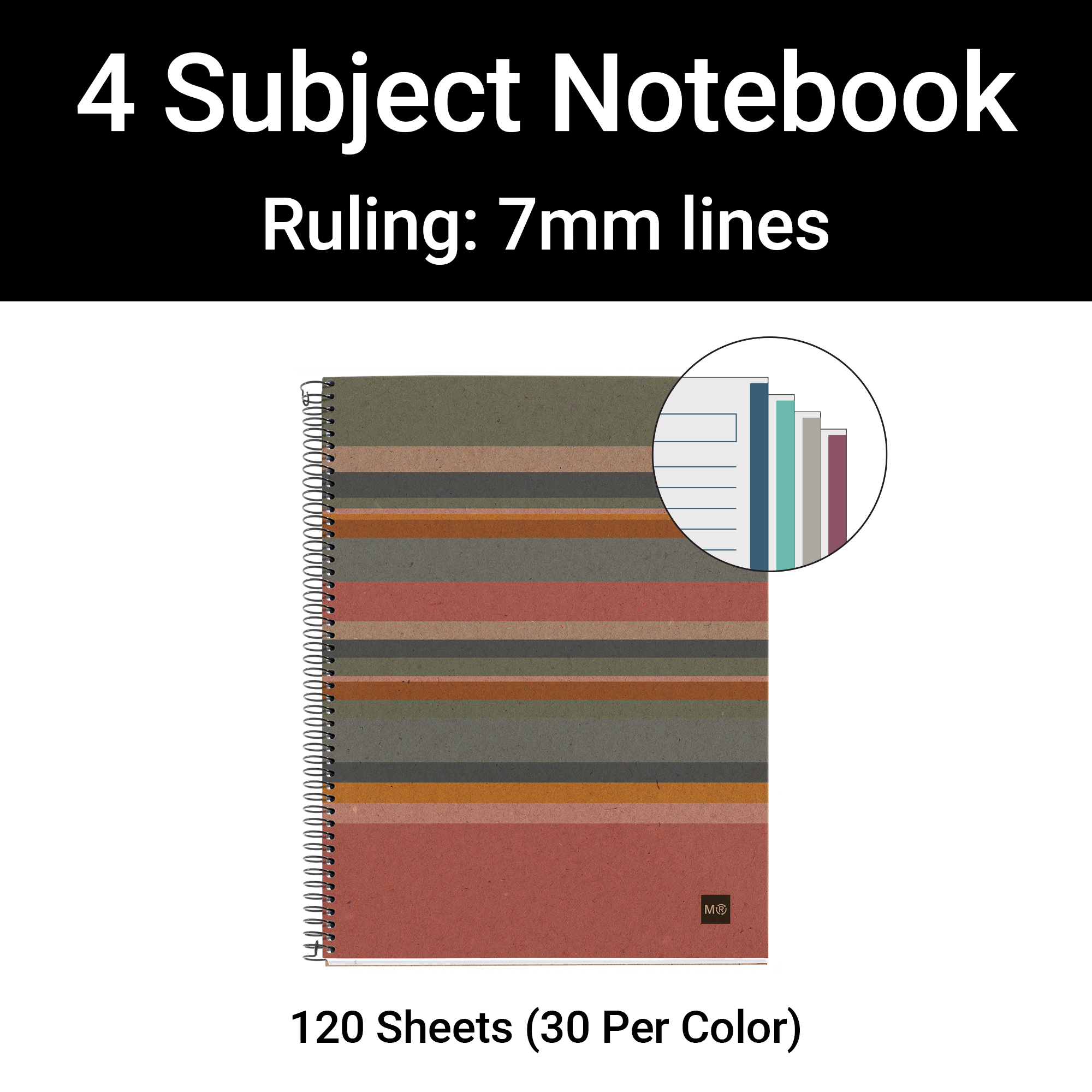 M® MiquelRius Recycled Collection, Lined 4 Subject Notebook, 11" x 8.5", Cardboard Cover - Eco Stripes