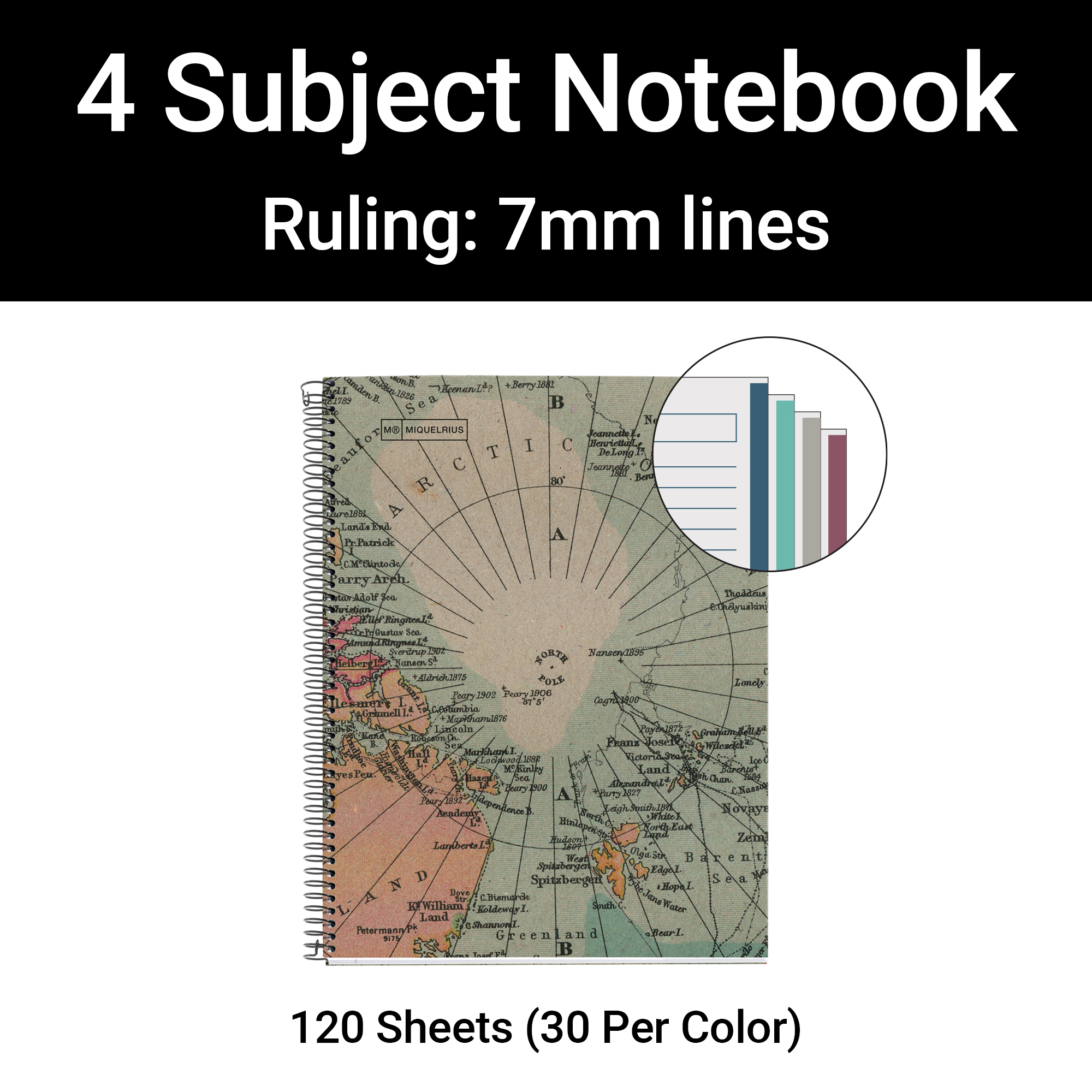 M® MiquelRius Recycled Collection, Lined 4 Subject Notebook, 11" x 8.5", Cardboard Cover - Eco Map