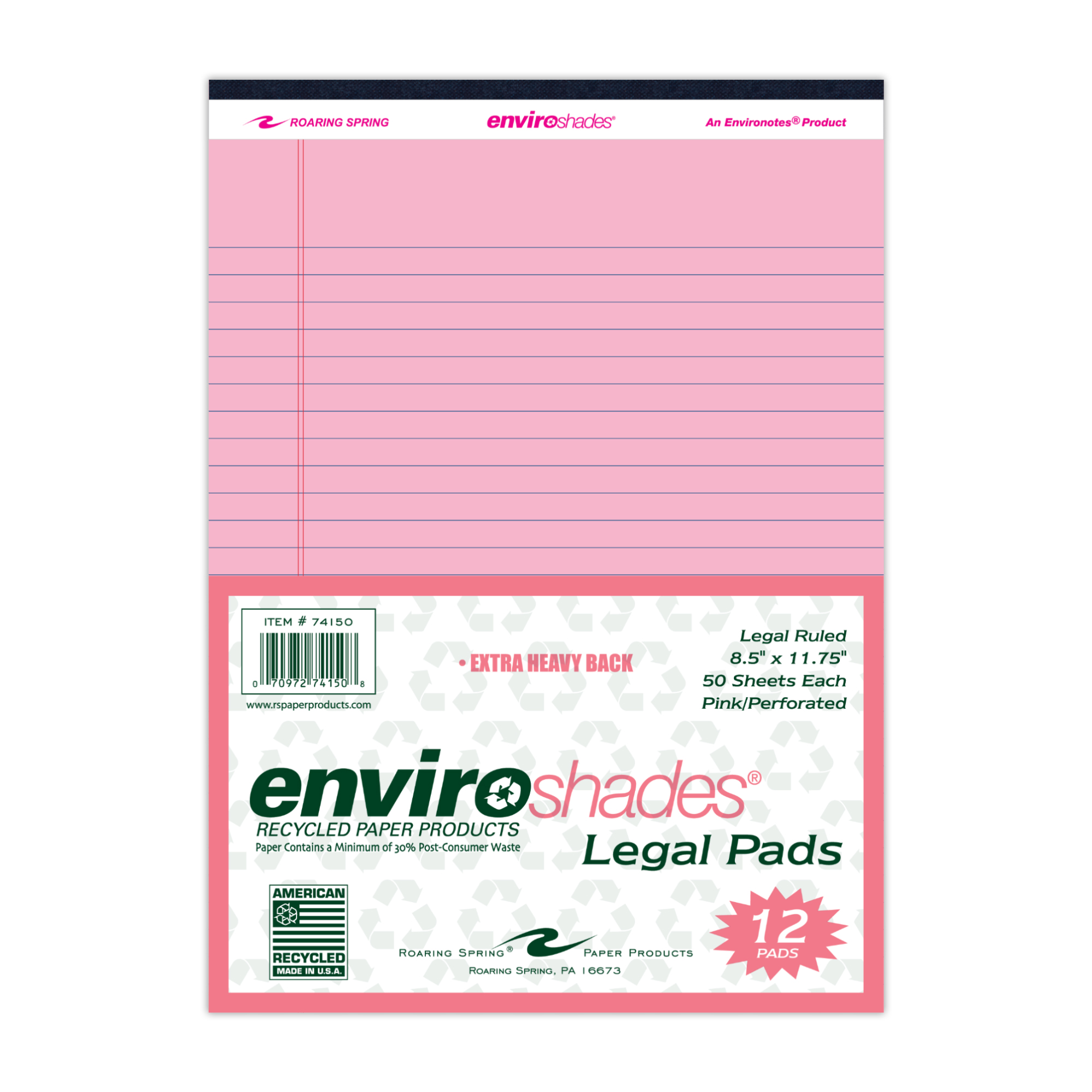 Enviroshades® Recycled Legal Pads, Legal Ruled, Pink, Pack of 12